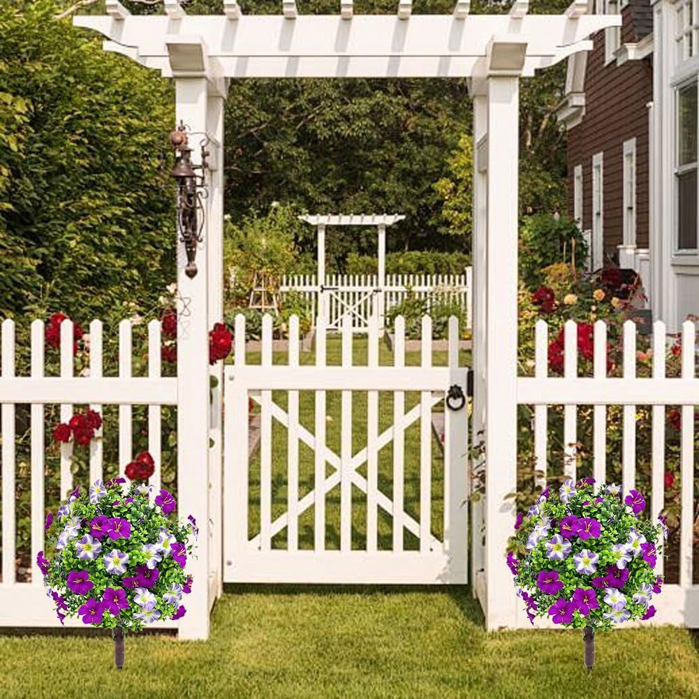 Outdoor Artificial Morning Glory Flowers with Stakes,2 Pcs 23 in UV Resistant Faux Greenery Shrubs,Realistic Fake Morning Glory Bushes Plants,Indoor Outdoor Spring Summer Decoration (Purple)