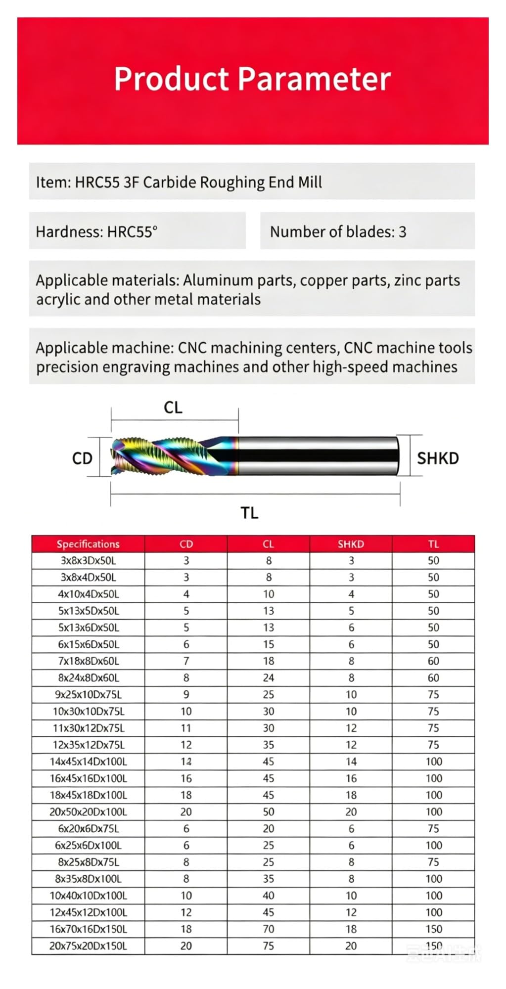 1 Uds HRC55 fresa de desbaste carburo 3 flautas 3-20mm diámetro aluminio recubierta DLC fresas alargadas 3F(16x45x16Dx100L)
