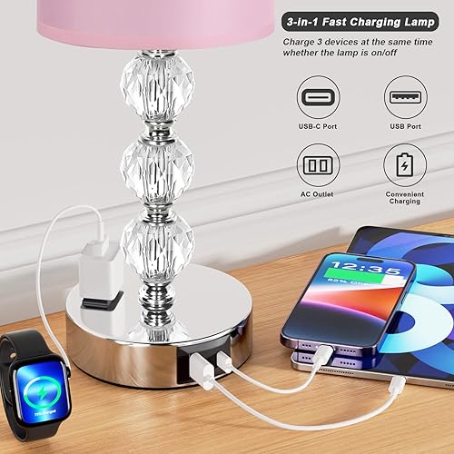 Miniatura 3 de Lámparas de noche rosadas táctiles para dormitorios, lámpara de mesa de cristal con puerto de carga USB C+A y mesita de noche de salida de CA,