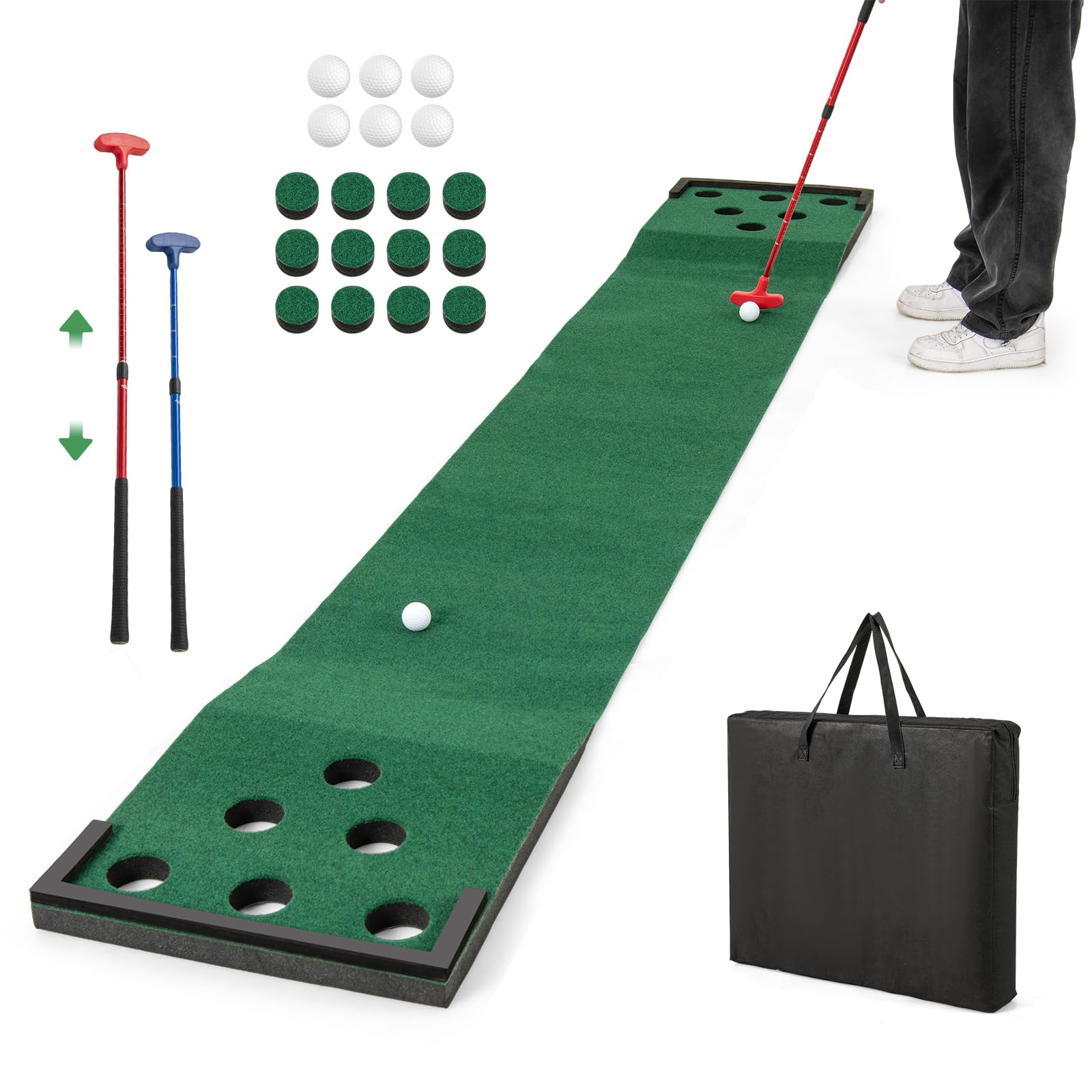 GYMAX Alfombra de Putting Práctica, Juego de Golf Mat Portátil con 2 Putters Ajustables,6 Bolas, Bolsa de Transporte para Interior, Exterior Case, Oficina, Entrenamiento Mini Golf