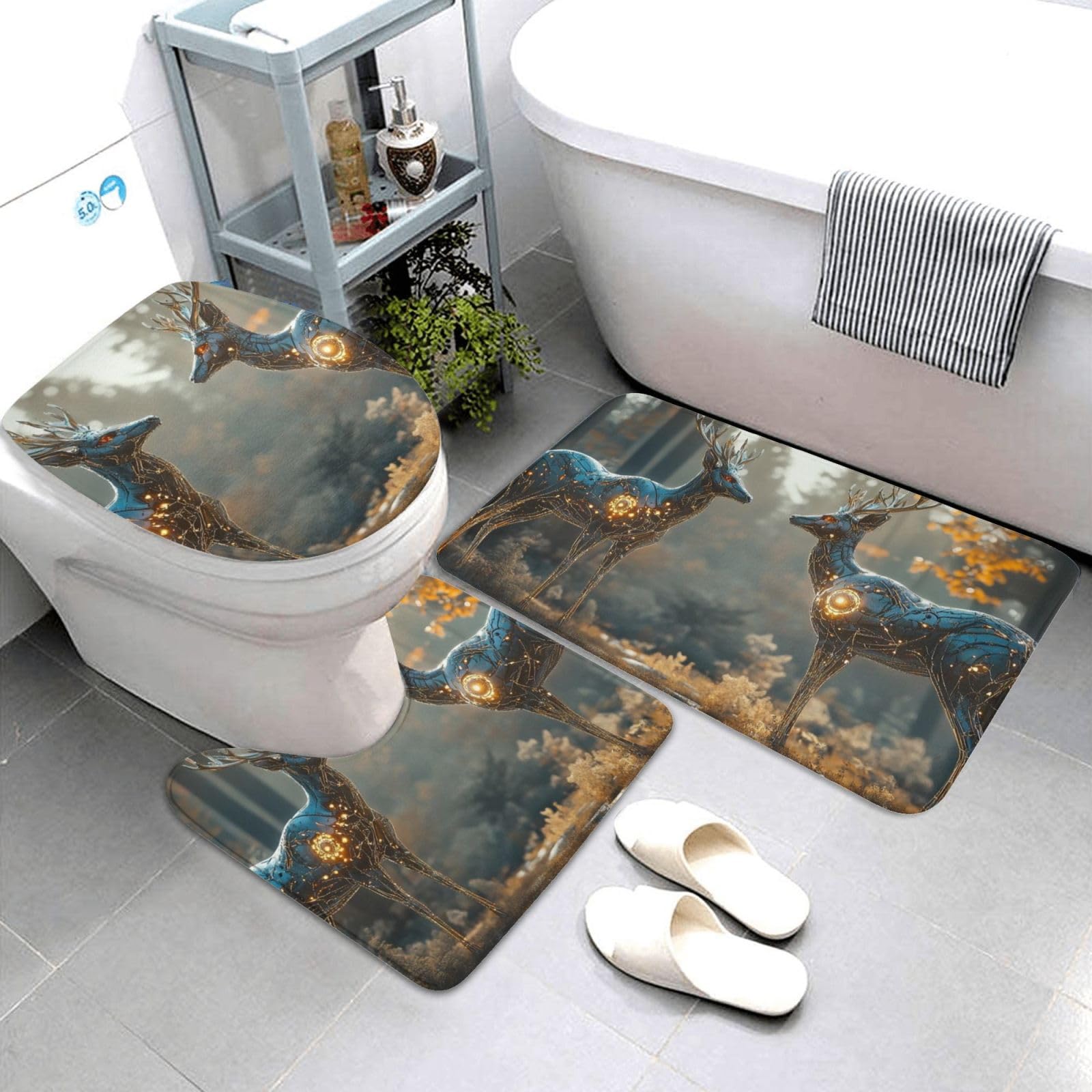 Set di 2 tappeti da bagno in metallo con alce, 3 pezzi, morbidi tappetini da bagno assorbenti in memory foam e tappetino da bagno a forma di U, decorazione per la casa, asciugatura rapida