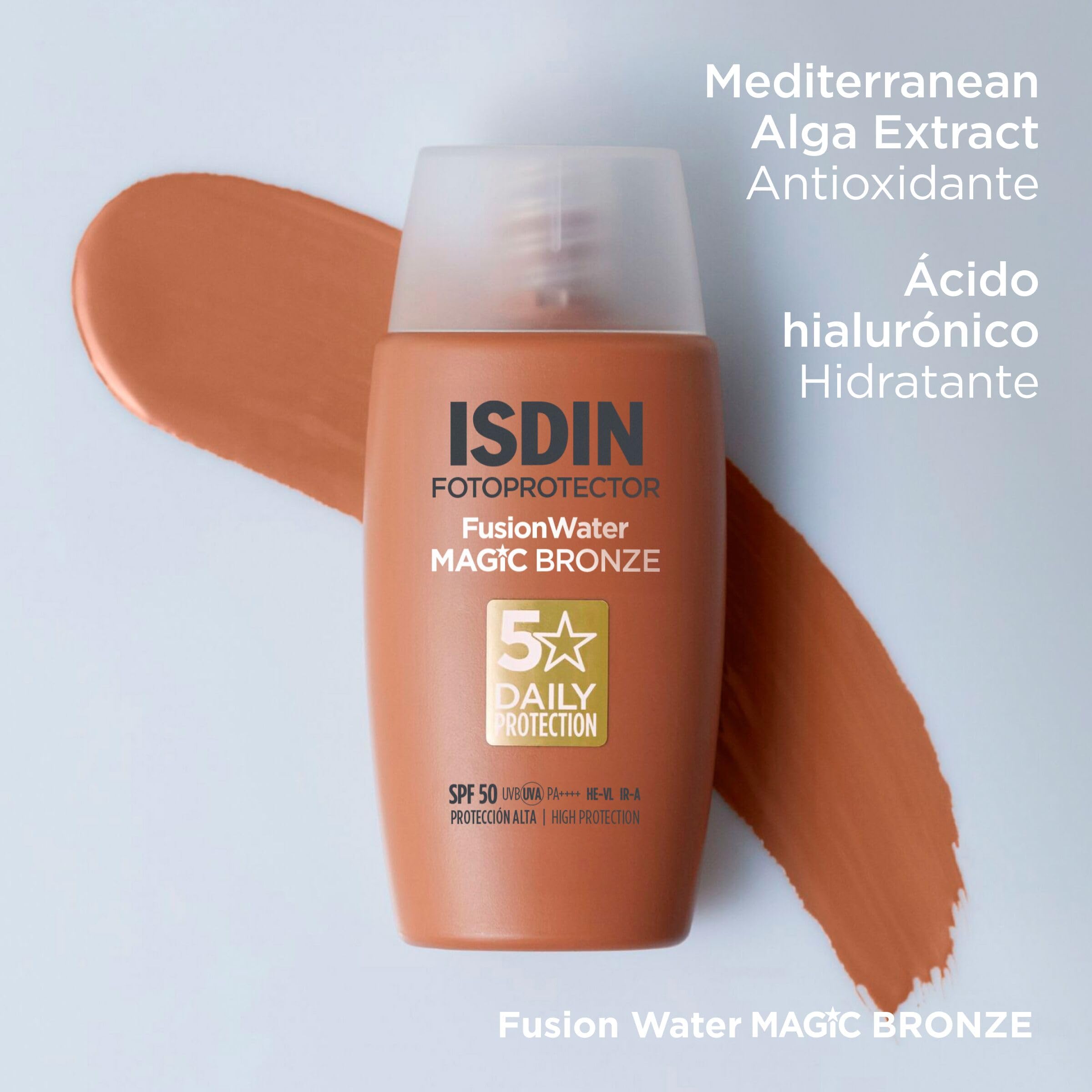 ISDIN Fotoprotector Fusion Water MAGIC Bronze SPF 50, Protector Solar Facial Ultraligero Con Color, Crema Solar Que Unifica El Tono Y Protege Con Tecnología Full Spectrum, En 3 Tonos -50 ml