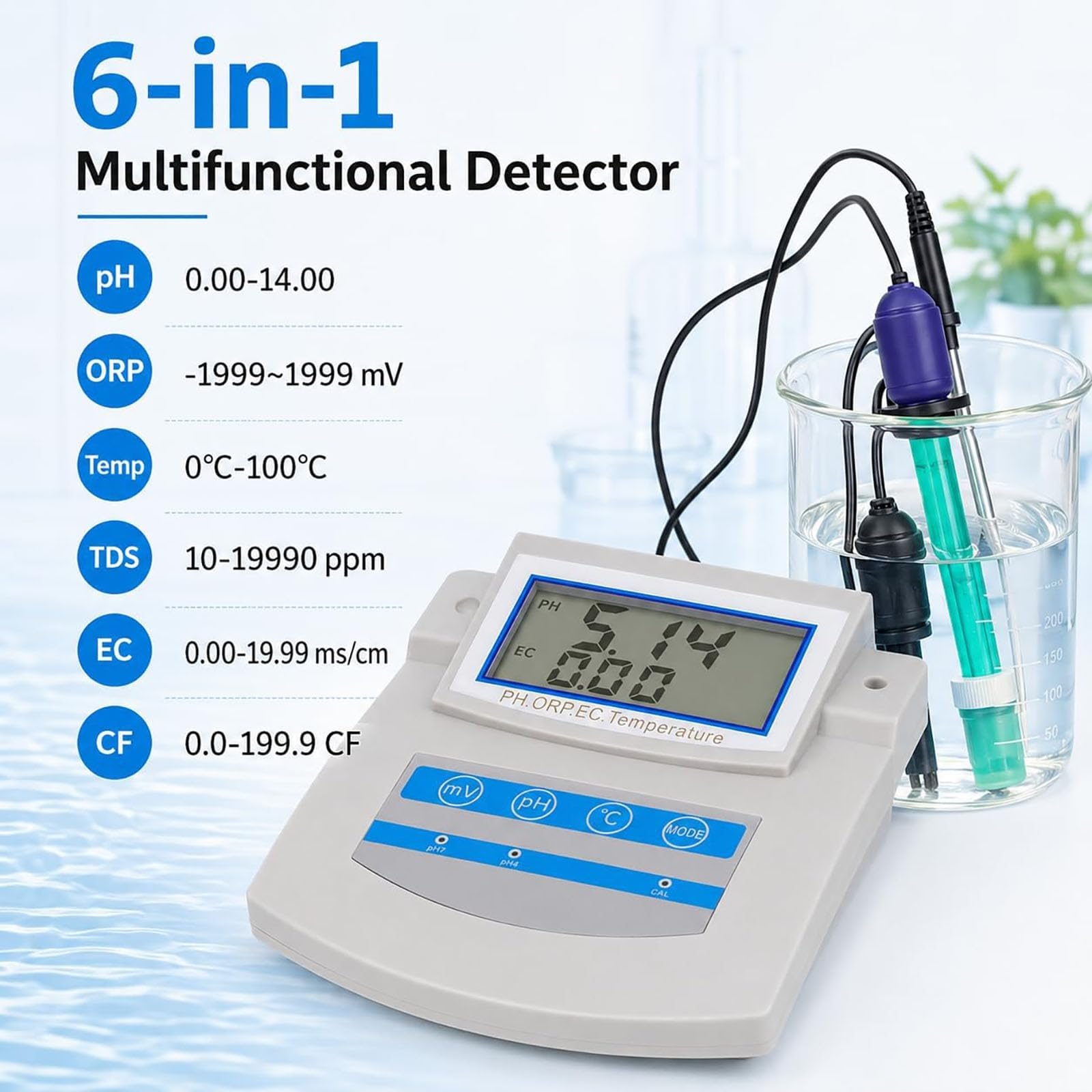 Kit de pH-mètre de paillasse 6-en-1 avec affichage numérique – Testeur de qualité de l'eau (pH, EC, ORP, TDS, CF, Temp.) avec compensation automatique de température (ATC) – Idéal pour laboratoires
