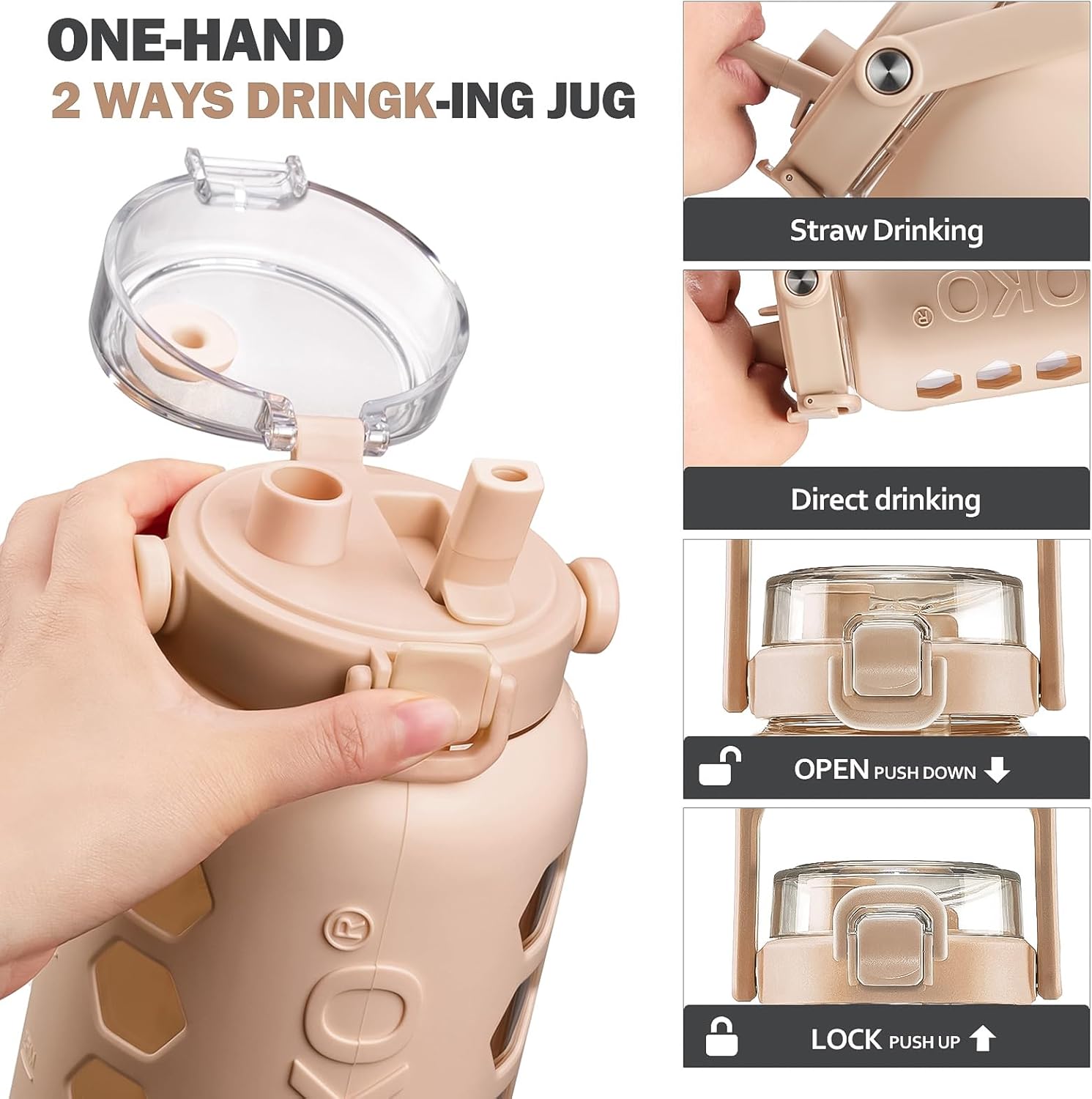 MUKOKO Half Gallon/64 oz Glass Water Bottles with Straw and Lid,Motivational Water Jug with Time Marker Reminder and Silicone Sleeve,100% Leakproof BPA Free Fitness Sports Large Bottle-Amber - Image 5