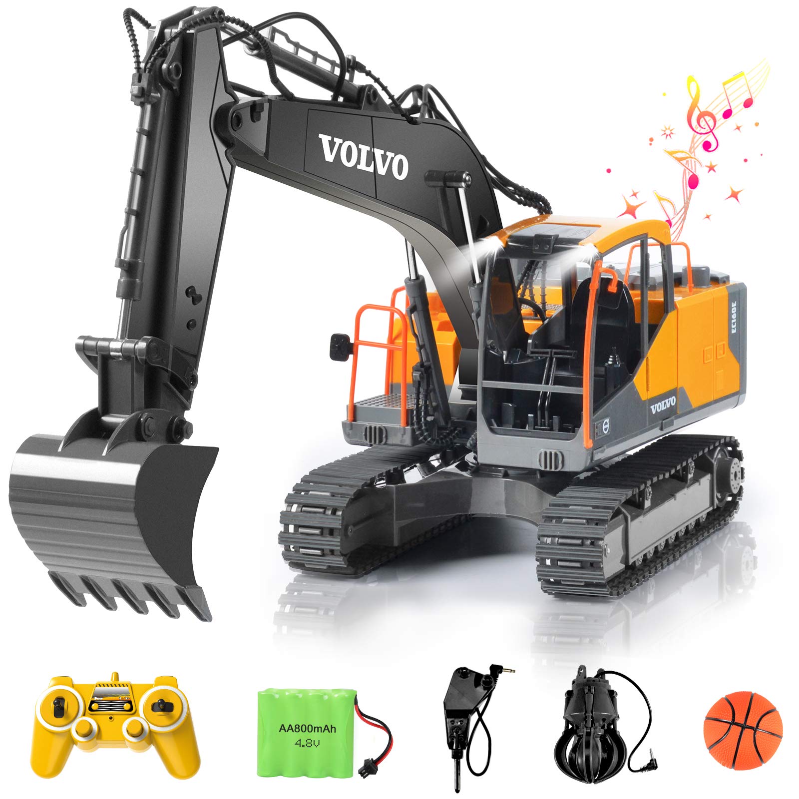 DOUBLE E Volvo RC Excavator Construction Toys, 17 Channel Remote Control Vehicles RC Truck Sandbox Toys 17 Channel 3 in 1 Digger with Metal Shovel Drill Grab Tractor for Kids Adults
