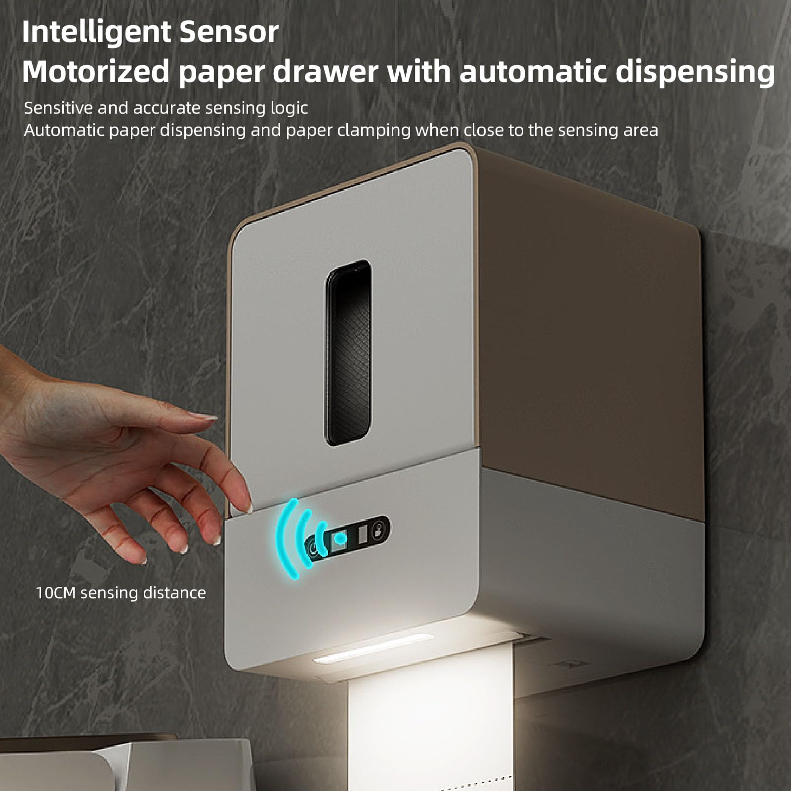 Smart Paper Towel Dispenser, Automatic Roll Paper Towel Dispenser with Night Light, Adjustable Paper Length Settings Wall Mount Toilet Tissue Holder for Bathroom Hotel (Brown)