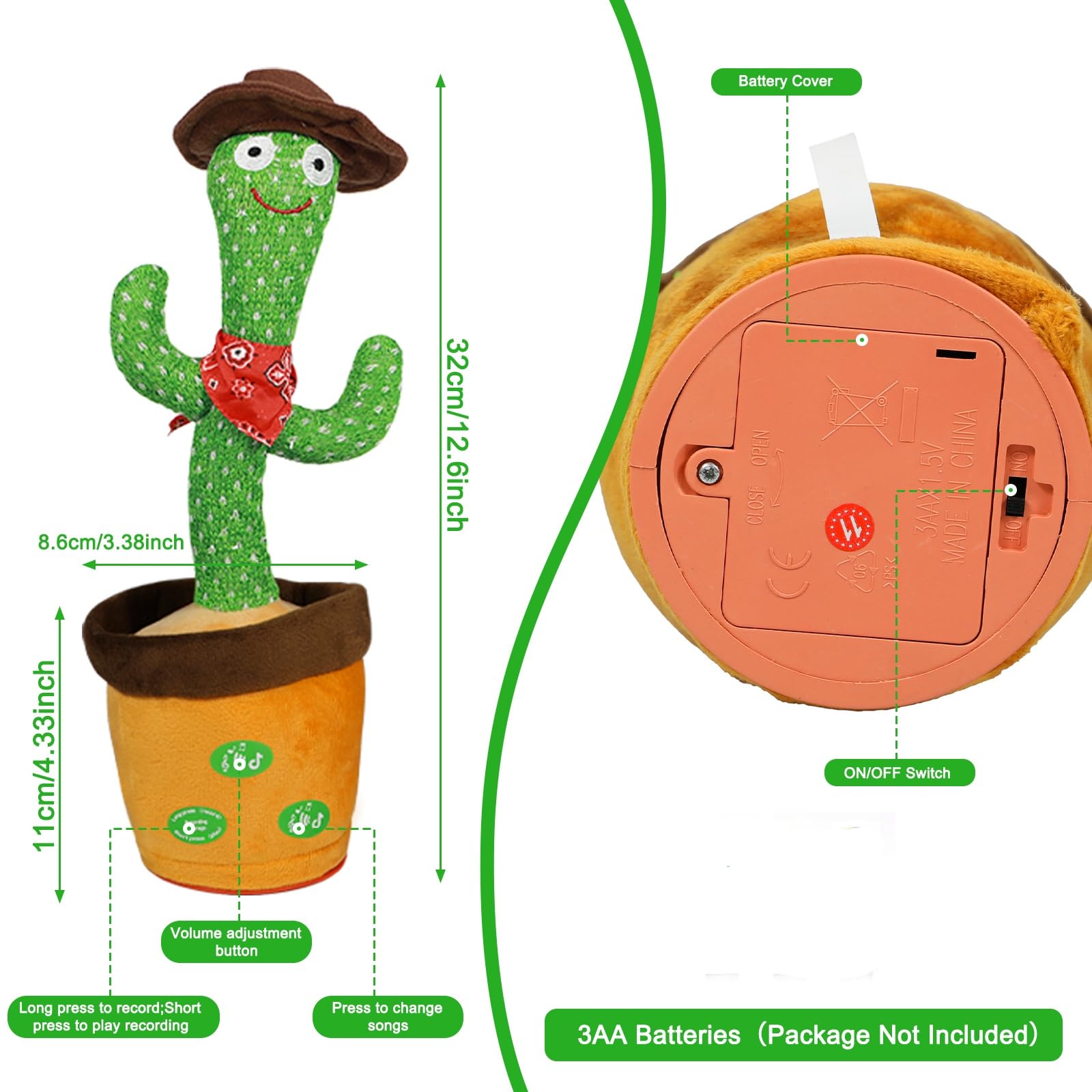 MeHoo Talking Cactus Toy, Dancing Cactus Toy Repeat What You Say, Funny Plush Interactive Figures for Kids, Singing Lighting Voice Recording Plush Learning Toys with Volume Control 120 Songs - Image 2