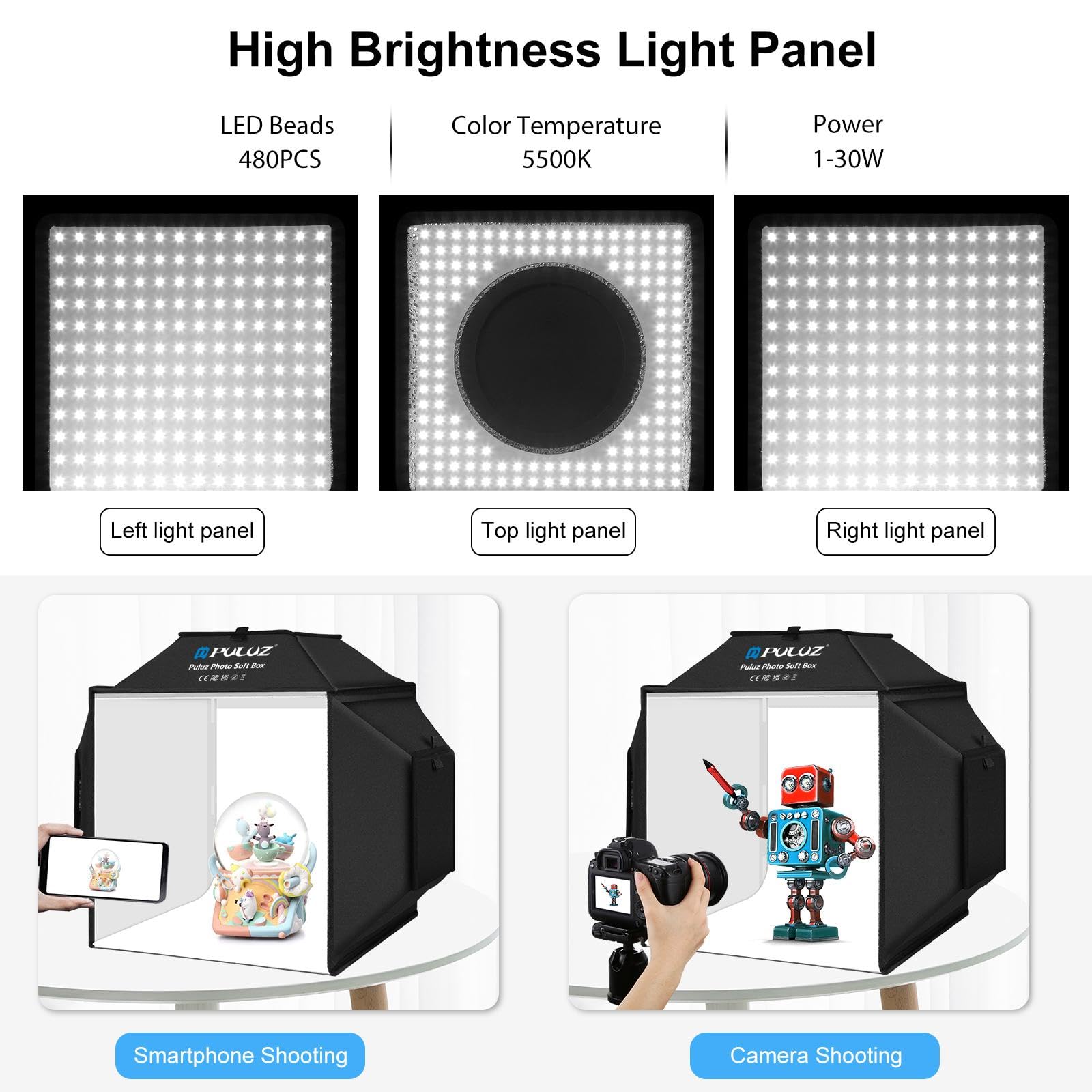 PULUZ 40x40cm Studio-Lichtbox mit 480 LEDs, 4-farbigem PVC-Fotohintergrund, Fotostudio-Zelt für Schmuck und Produkte, tragbare Lichtbox, Bilderbox für die Fotografie (Upgrade)