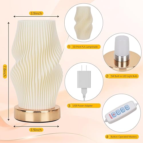 Miniatura 10 de Lámpara de mesita de noche con adaptador USB, control de botón para dormitorio, metal, 12 vías, regulable, pequeña lámpara de mesita de noche con