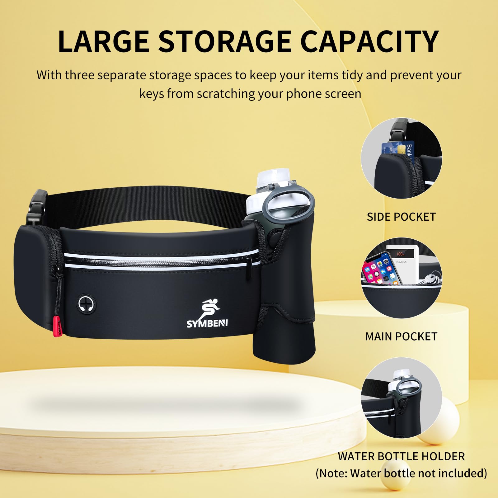 SYMBENI Fanny Pack for Men, Running Fanny Pack with Water Bottle Holder, Slim Running Belt Bag for Women, Adjustable Waterproof Fanny Pack for Running, Hiking, GYM, Traveling (Coal Black)