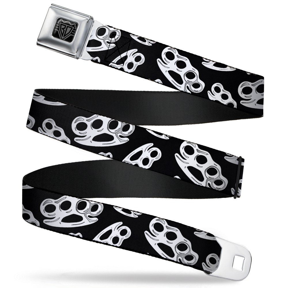 Buckle-Down Belt, Seatbelt Buckle Belt, Brass Knuckles Skulls Roses Black White, 32 to 52 Inches