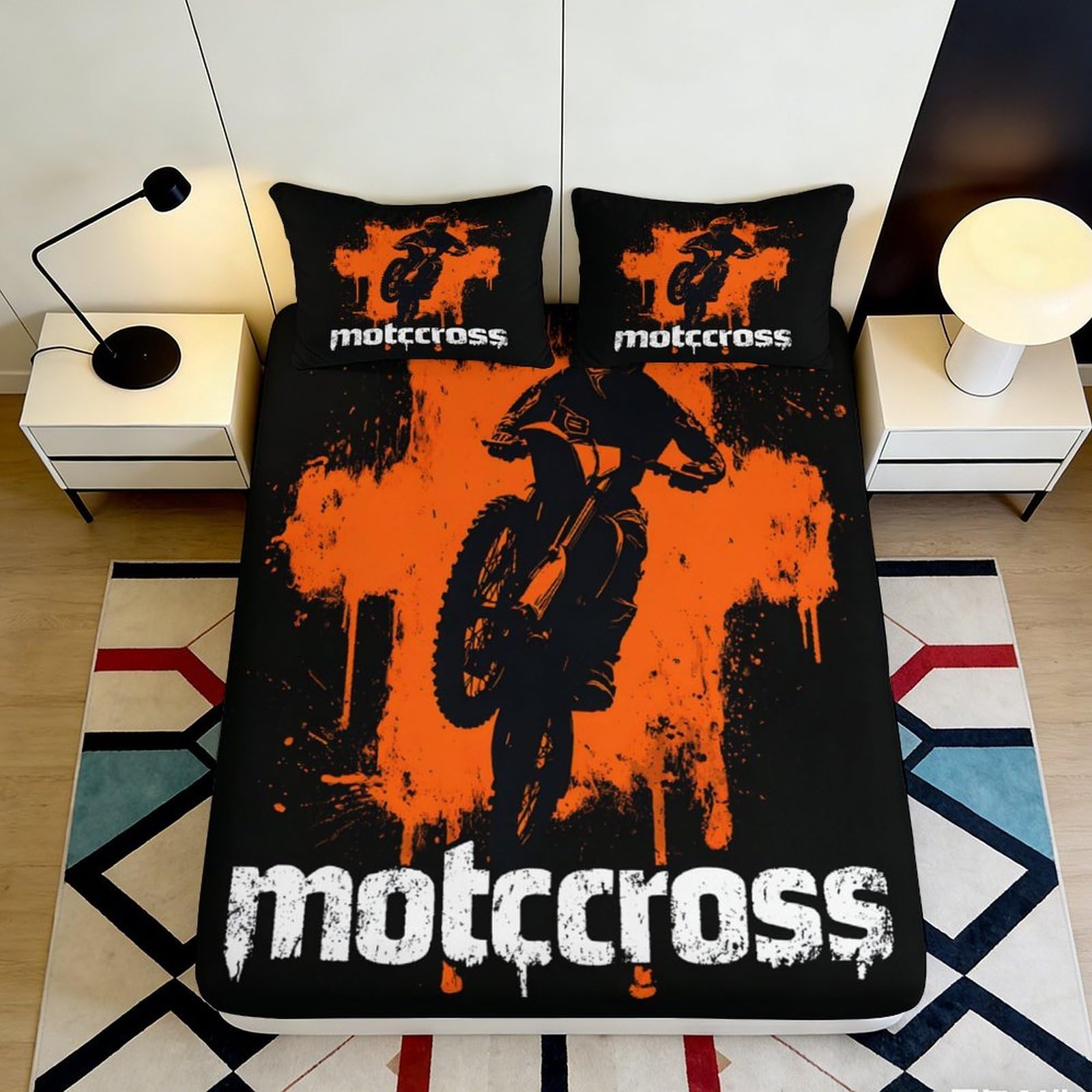 3D Printed Motocross Splash Fitted Sheet Microfiber Orange Black Bed Cover for Bedroom Dorm Mattress Protection Decor 180x200x25cm