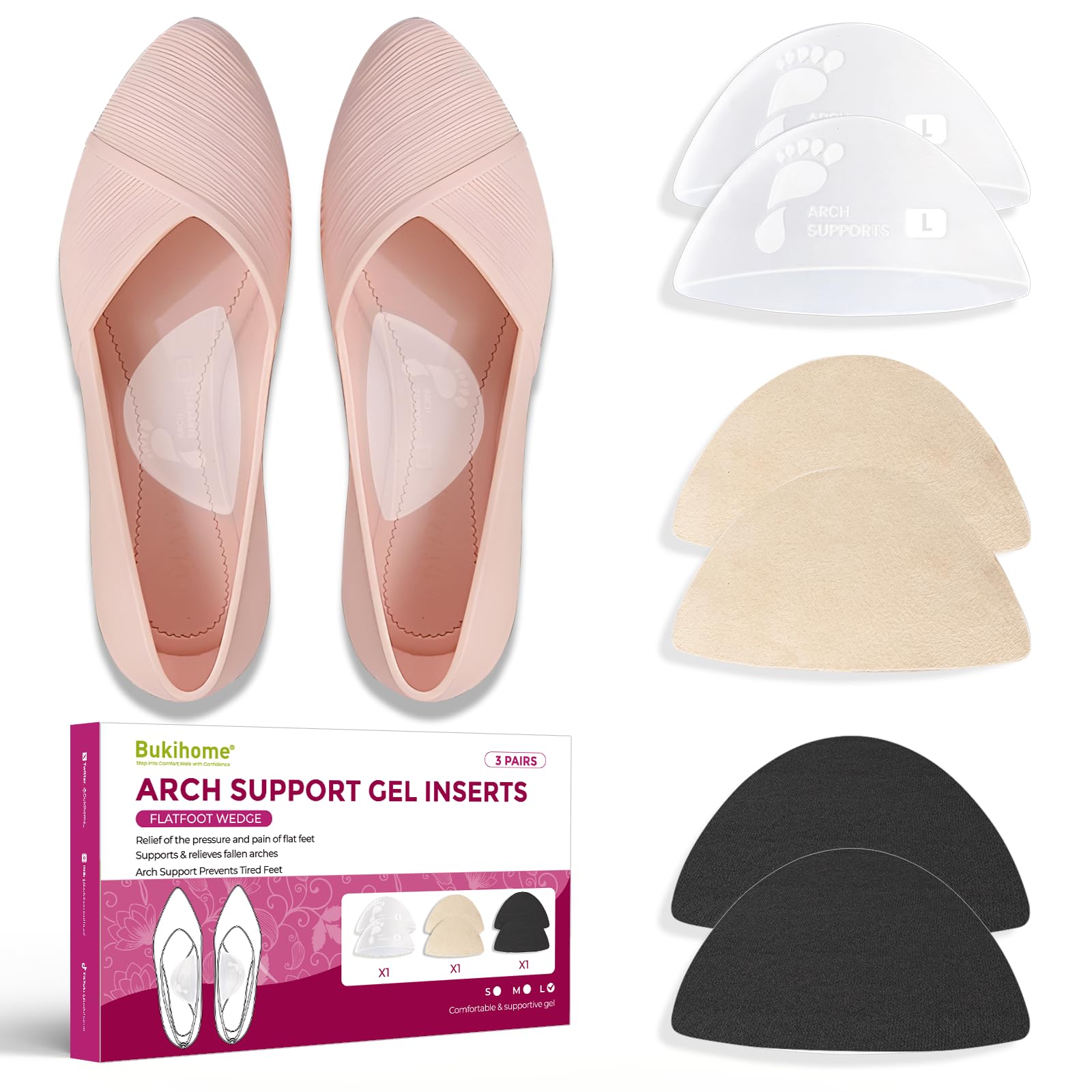 Bukihome Arch Support Inserts for Plantar Fasciitis - Anti Gravity Design - 3 Pairs Adhesive Gel Arch Pads for Women &amp; Men - High Arch Support Insoles for Flat Feet,Relieve Pressure - Large