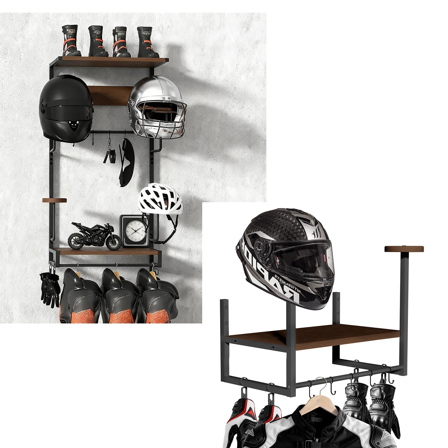 Colgador de casco con percha para chaqueta y base de madera
