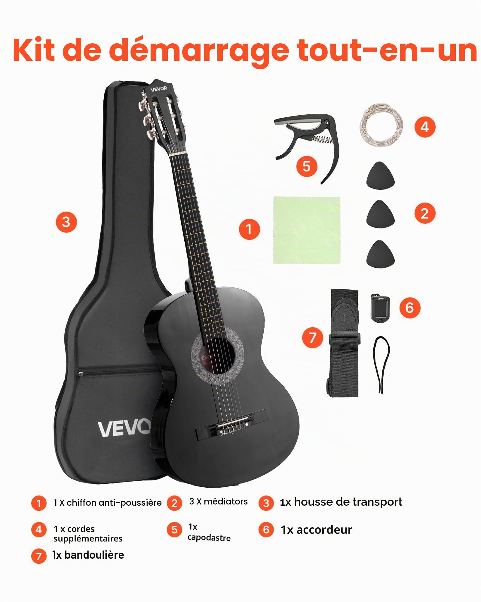 VEVOR Guitare Classique Débutants, 96 cm, avec Cordes Nylon, Housse de Transport, Sangle, Accordeur, Cordes Supplémentaires, Médiators, Capodastre, en Tilleul, pour Adolescent, Adulte, Étudiant, Noir