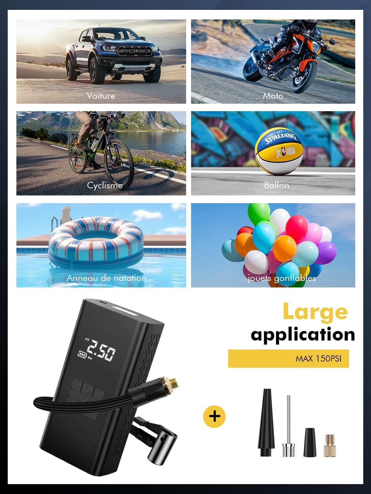 DIHOOM Compresseur à Air Portatif 45L/Min avec Batterie 6000mAh | Gonfleur Pneus Voiture Rapide, Support Banque d'Énergie, Éclairage LED - 4 Modes - Idéal pour Voitures, Vélos, Motos, Ballons