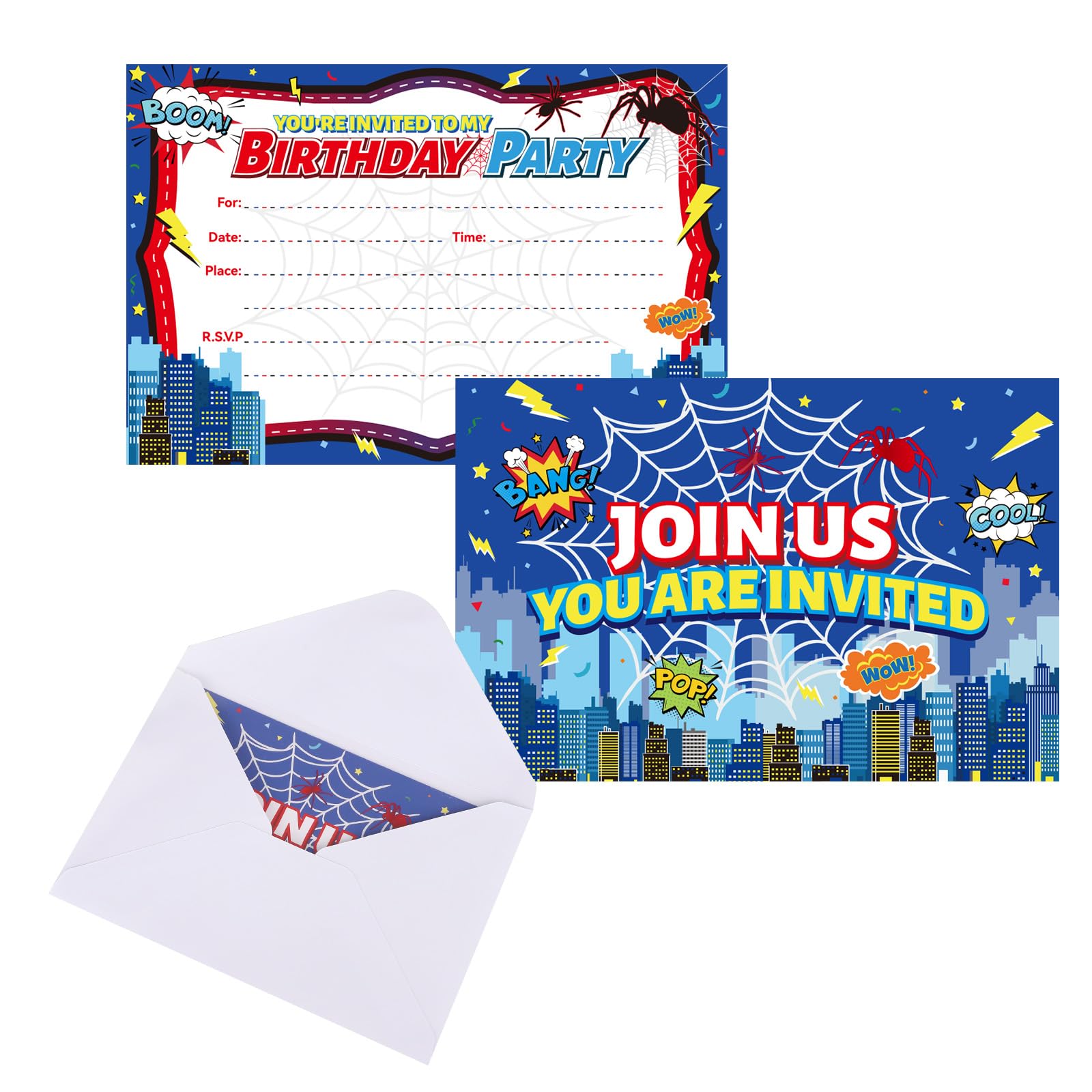 SAVITA 16pcs Spider-Themed Birthday Invitations Cards, Cartoon Character Birthday Gift Cards with 16 Envelope Double-Sided Funny Spider-Themed Party Supplies for Kids Boys Girls