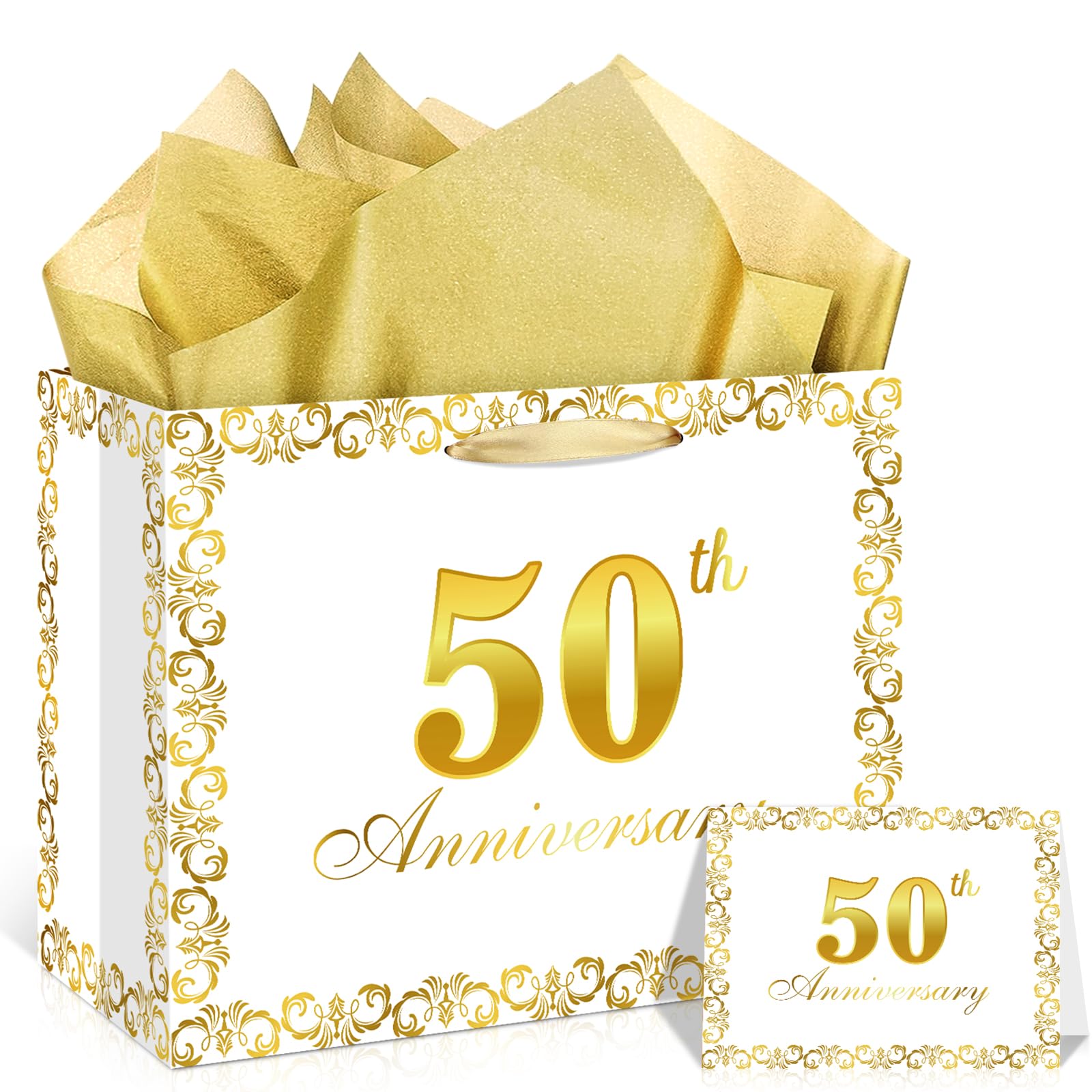 Gold 50th Anniversary Party Gift Bag with Tissue Papers and Card, 11.8'' 50th Golden Wedding Anniversary Paper Gift Wrapping Bag for Golden Wedding Party Decor Supplies