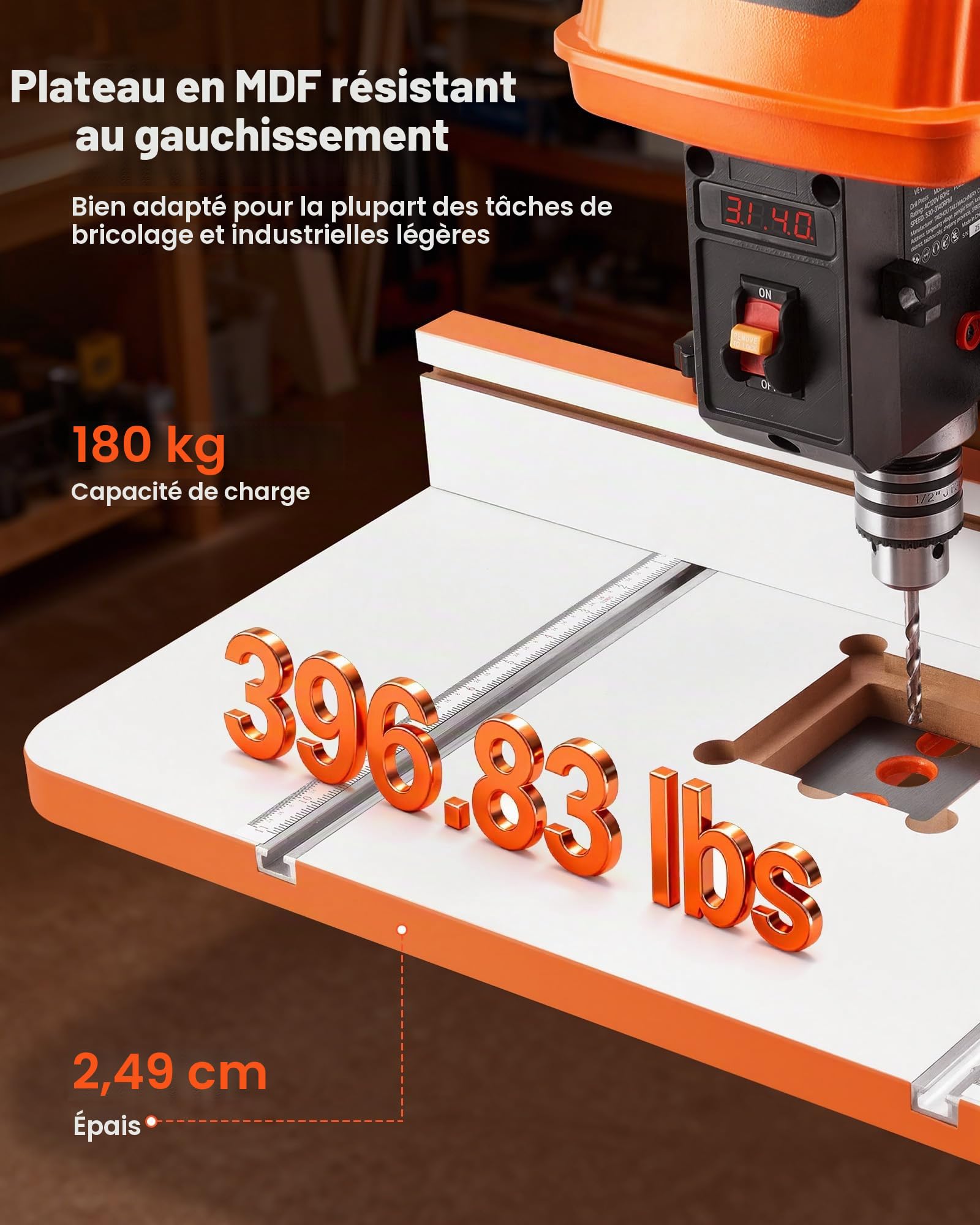 VEVOR Table pour Perceuse à Colonne 600x298 mm Table de Perçage pour Perceuses à Colonne, avec Butée et Guide Réglables, Rainures T Compatibles avec Divers Étaux Pinces, Plateau MDF, Échelle Intégrée