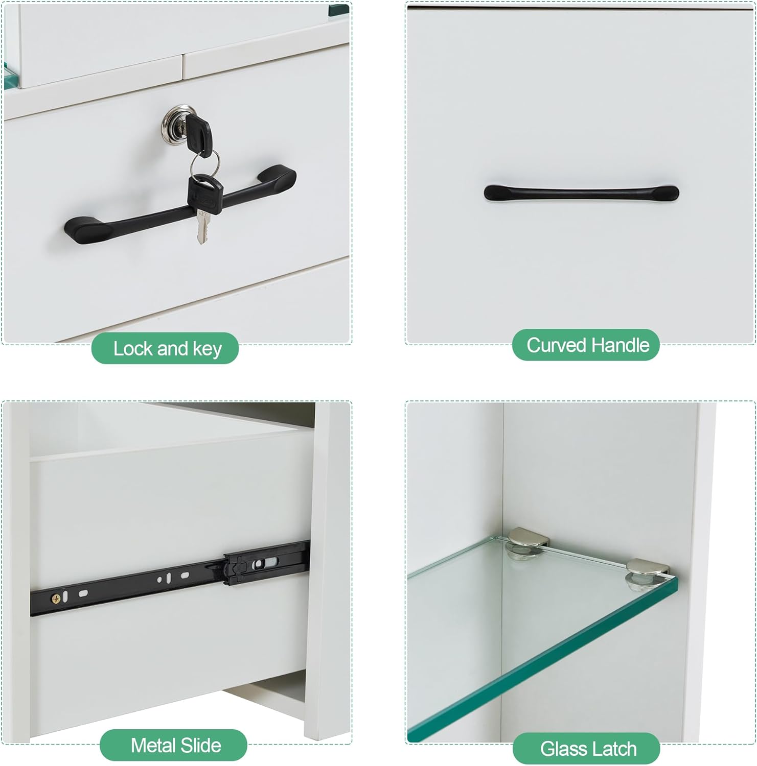 BarberPub Double Manicure Table for Storage, Beauty Nail Desk with Glass, Modern Nail Salon Makeup Station, Functional Manicure Workstation, Spa Equipment with Drawers & Shelves 2666 (White)