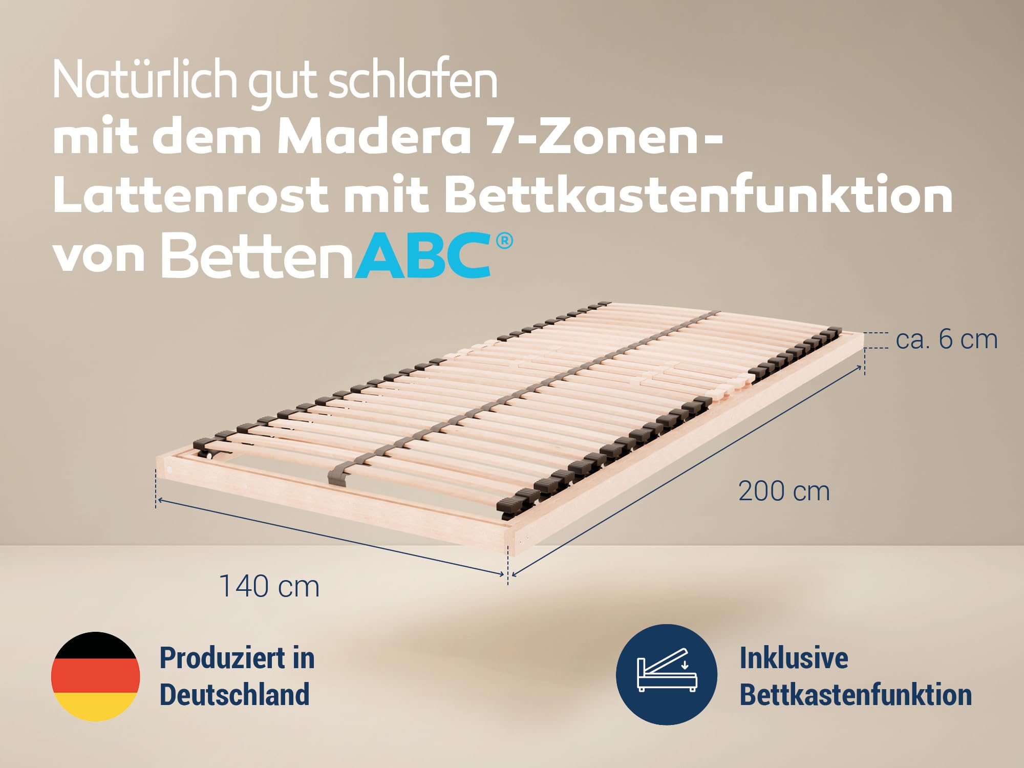 BettenABC - 7-Zonen-Lattenrost Madera mit Bettkastenfunktion - 140x200cm - Lieferung per Spedition - Öffnung nach Links - Schulter- und Beckenkomfortzone - hergestellt aus Schicht- & Buchenholz