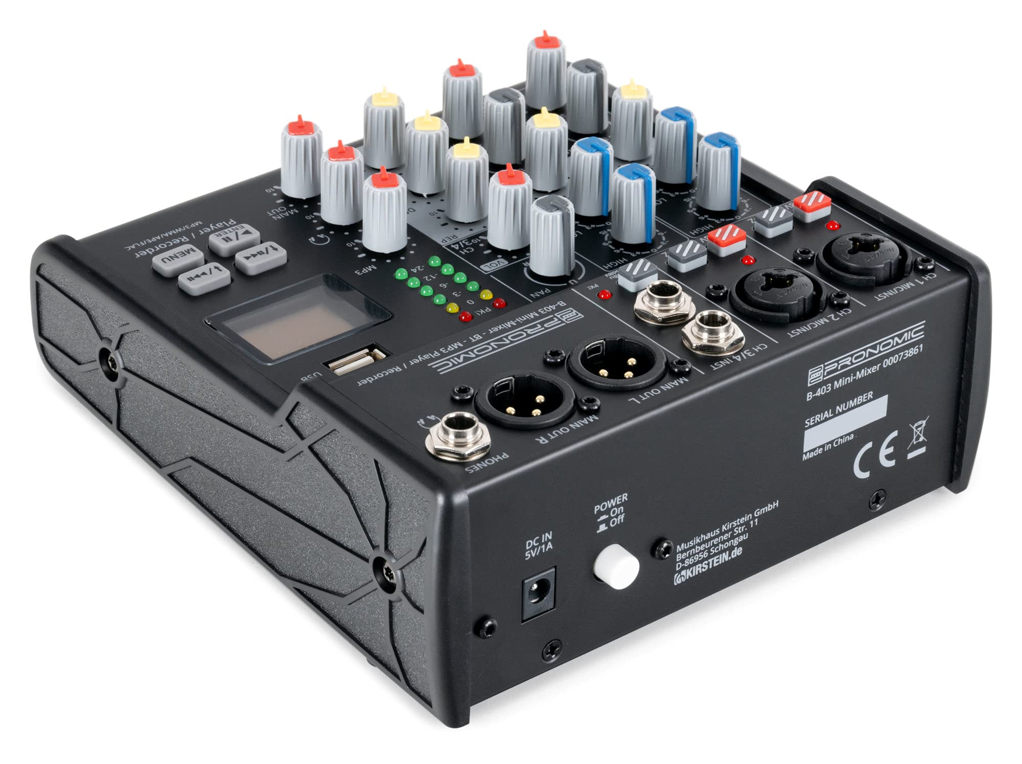 Pronomic B-403 Mini-Mixer mit Bluetooth und USB-Recording - Kompakter 4-Kanal Mixer - 2 Kanäle mit Combobuchsen, Phantomspeisung und Hi-Z Schalter - USB-Port - Main-Ausgänge im XLR-Format - Schwarz