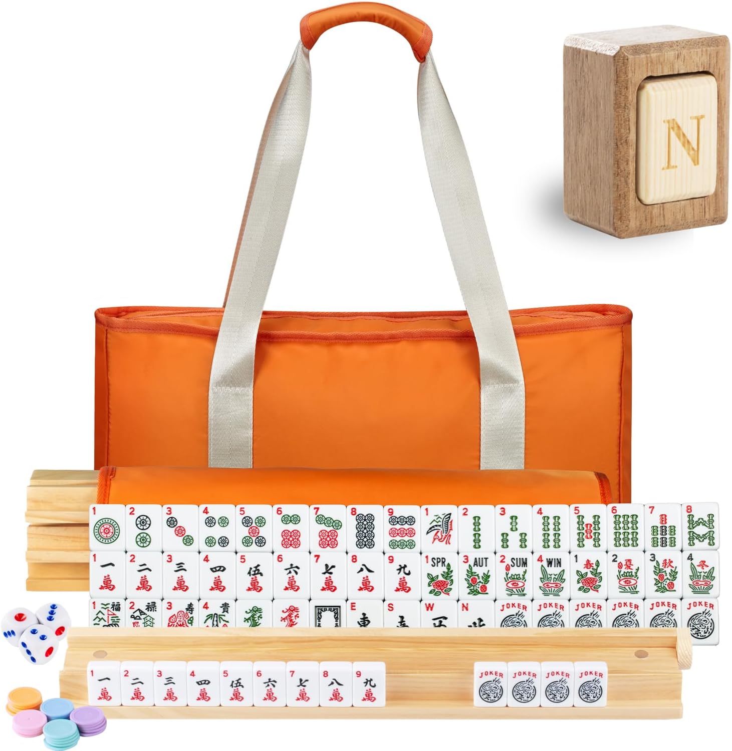 MUTEX American Mahjong Game Set, 166 Premium Mahjong Tile Set with Traveler Size Stylish Orange Carrying Bag, Western Mahjong Set with 4-Piece Wood Mahjong Racks/Pushers, Mahjong Ma Jong Set