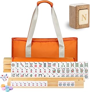 MUTEX American Mahjong Game Set, 166 Premium Mahjong Tile Set with Traveler Size Stylish Orange Carrying Bag, Western Mahjong Set with 4-Piece Wood Mahjong Racks/Pushers, Mahjong Ma Jong Set