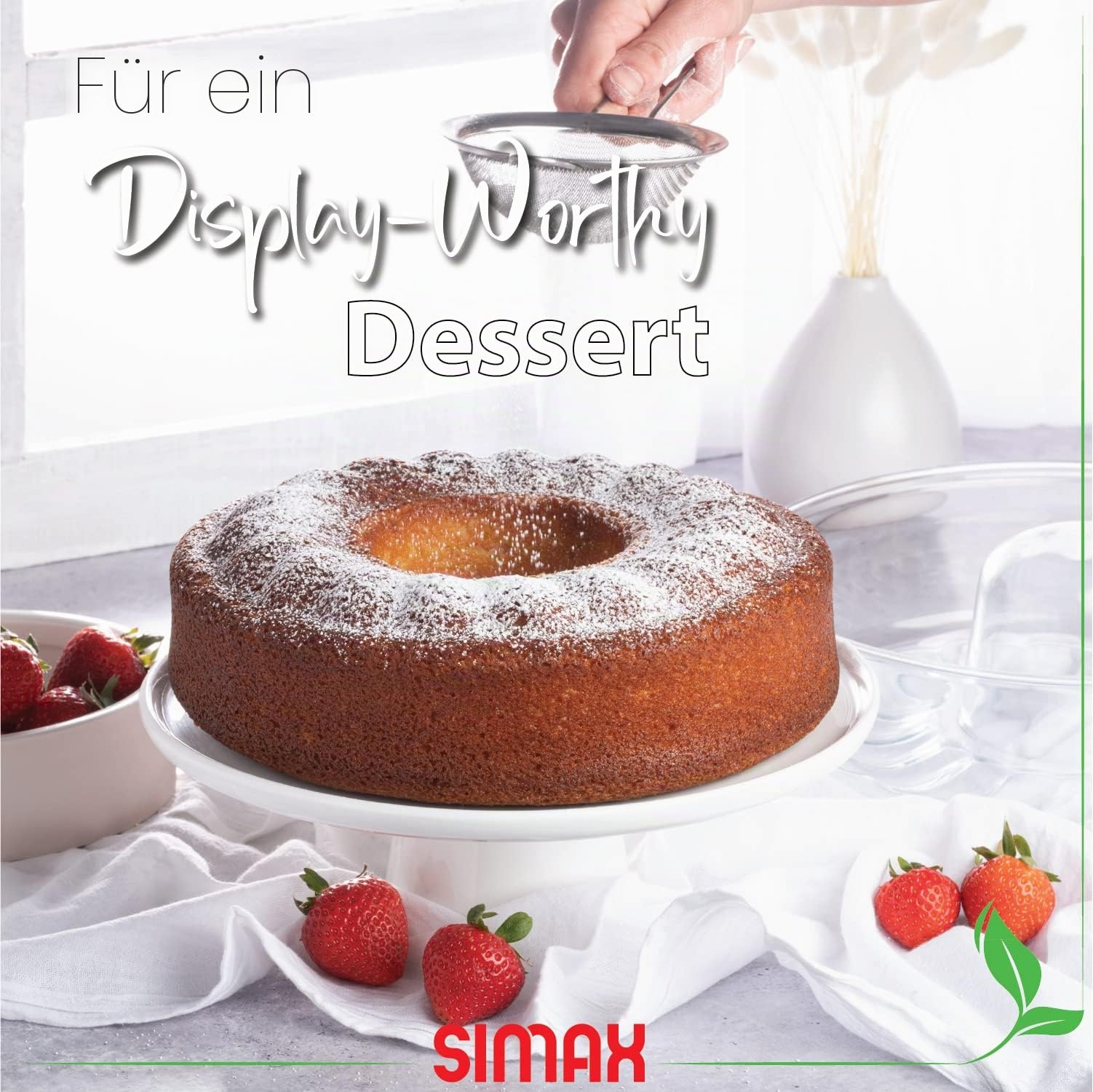SIMAX Gugelhupfform aus Glas, flach (12,1 cm), hitze-, kälte- und stoßfest, für 8,4 Tassen, hergestellt in Europa, ideal für Ringkuchen, Pudding, Desserts, Affenbrot und mehr