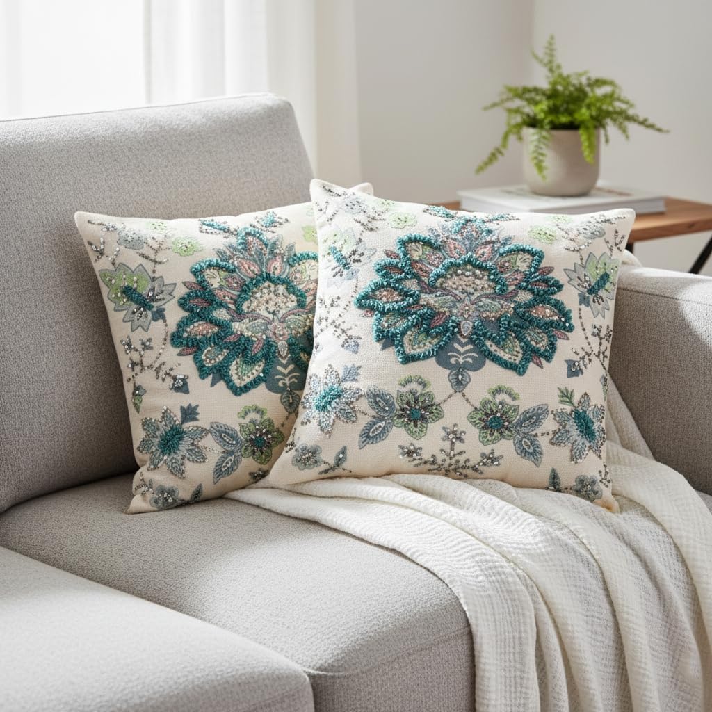 FINGERCRAFT Decorative Throw Pillow Cover Pack of 2 Soft Cotton Embroidered Cushion Cover, Couch Sofa Living Room Pillow Case 18 X 18 Inch Blue Meadow