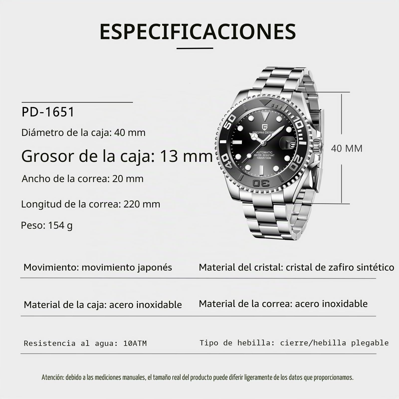 Pagani Design 1651 Reloj Automático para Hombre NH35 Mecánico Acero Inoxidable Cristal de Zafiro Bisel Giratorio 100 m Impermeable Luminoso Reloj para Hombre de Negocios