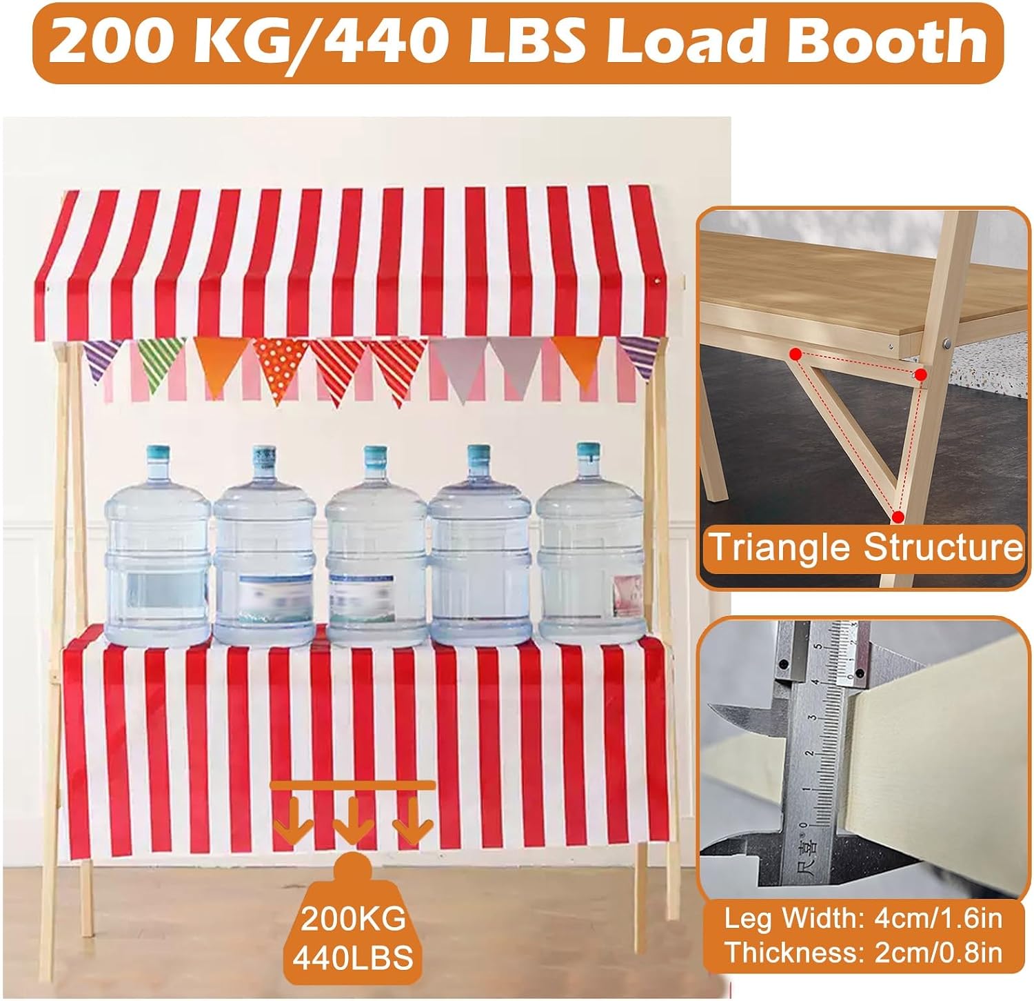 Foldable 6ft Market Stall with Canopy, Wooden Food Cart for Street Sales, Craft Shows & Festivals, Yellow Display Stand, 59in Wide Vendor Booth