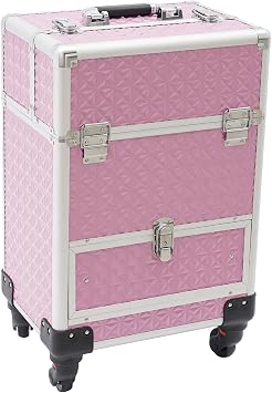 Rolling Makeup Train Case, Portable Makeup Trolley with Drawer and Lock, Nail Case Wheeled Manicure Storage Case for Hairdressers, Pet Beauticians Pink