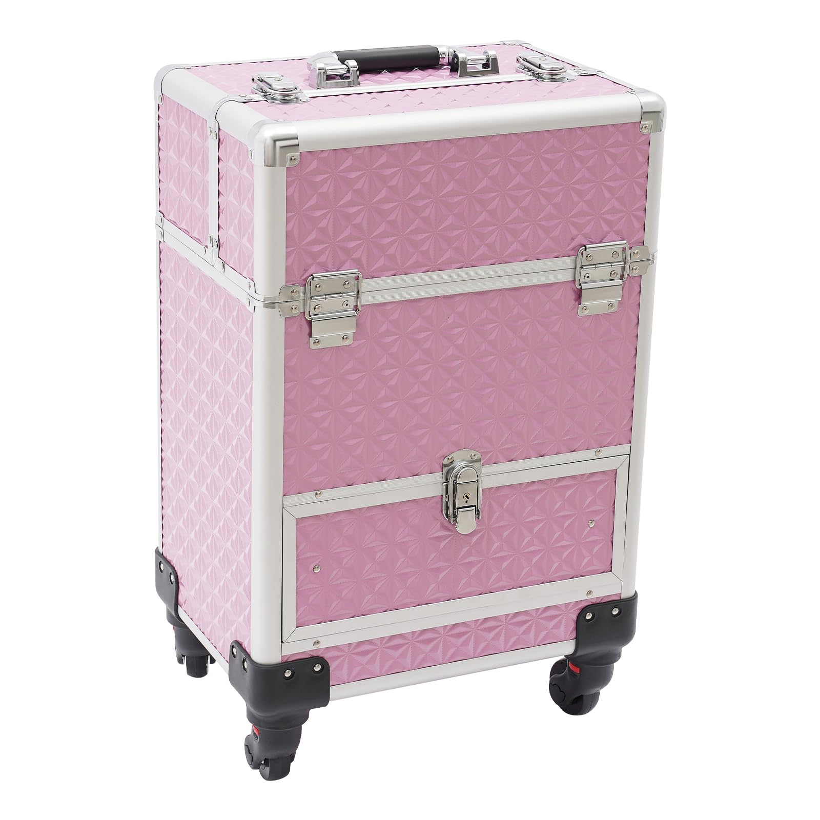 Kathring Pink Rolling Makeup, Professional Makeup Train Case with three-gear telescopic pull rod & copper core locks, Cosmetic Trolley for hairdressers, makeup artists