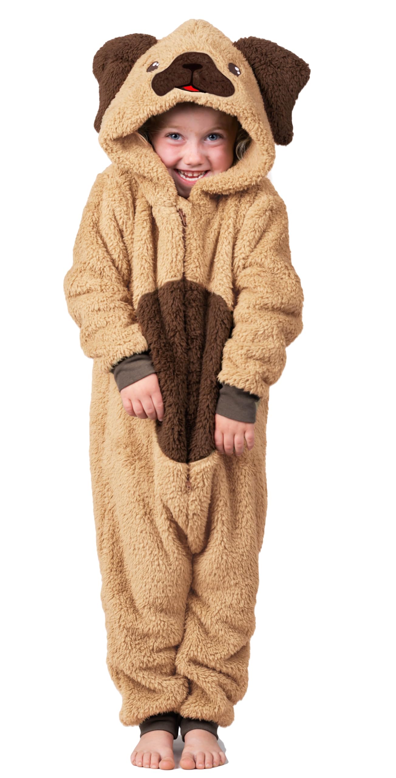 Hunde-Einteiler für Jungen oder Mädchen aus weichem Fleece mit Schwanz in Kindergrößen 2-13 Jahre in Schwarz, Weiß oder Beige