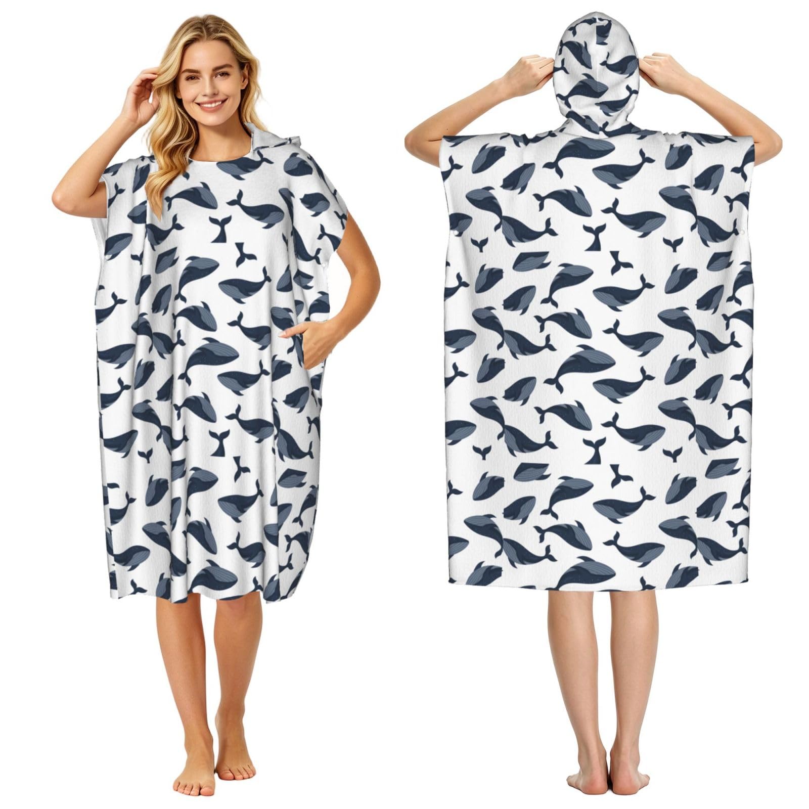 Poadnly Whale, Adult Hooded Beach Towel 90 x 110 cm,Changing Bath Robe, Surf Poncho Towel For Women Men