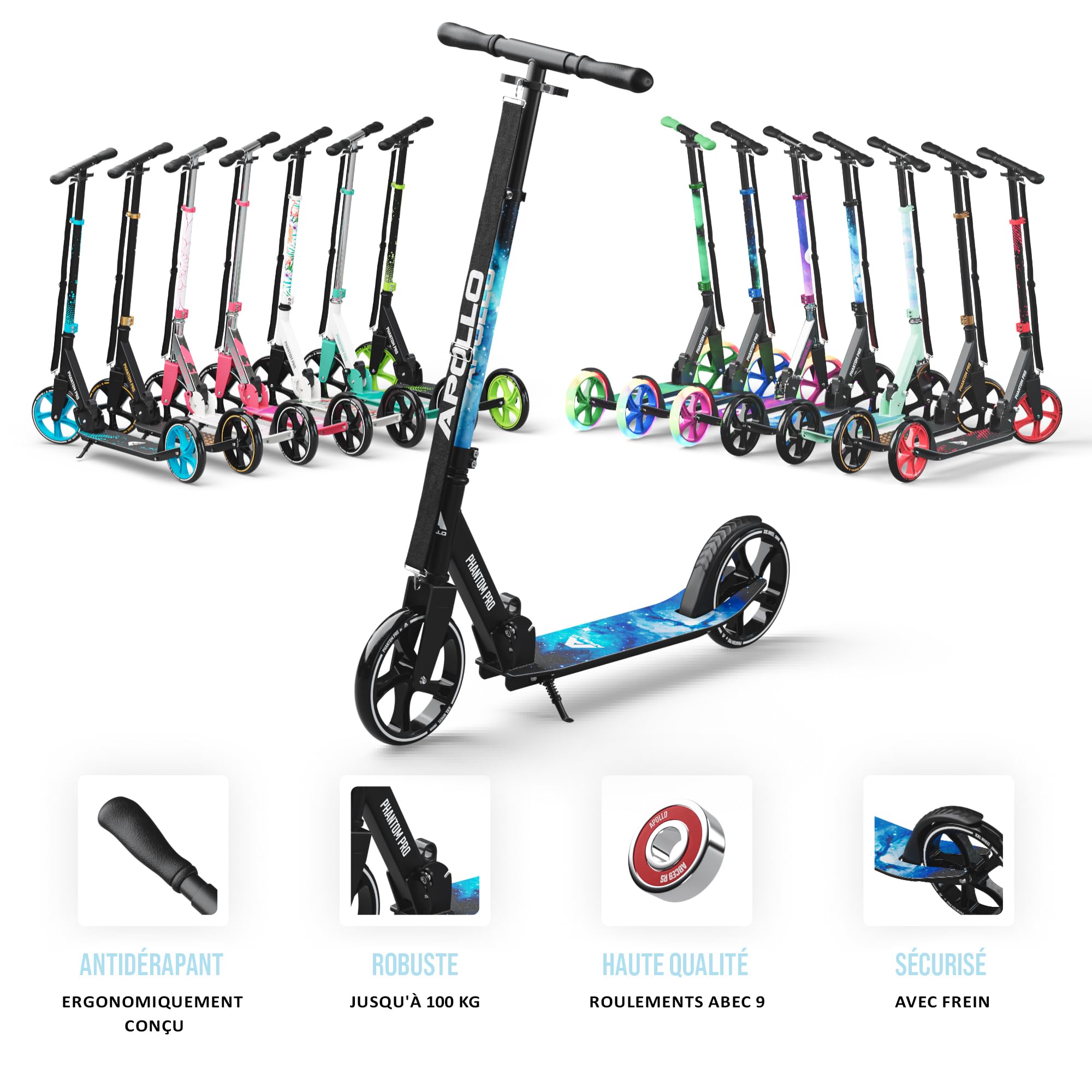 Apollo Trotinette aux Roues XXL - 200mm - Trotinette Freestyle de Ville Phantom Pro - City Scooter Pliable et à Hauteur Ajustable pour Adultes et Enfants
