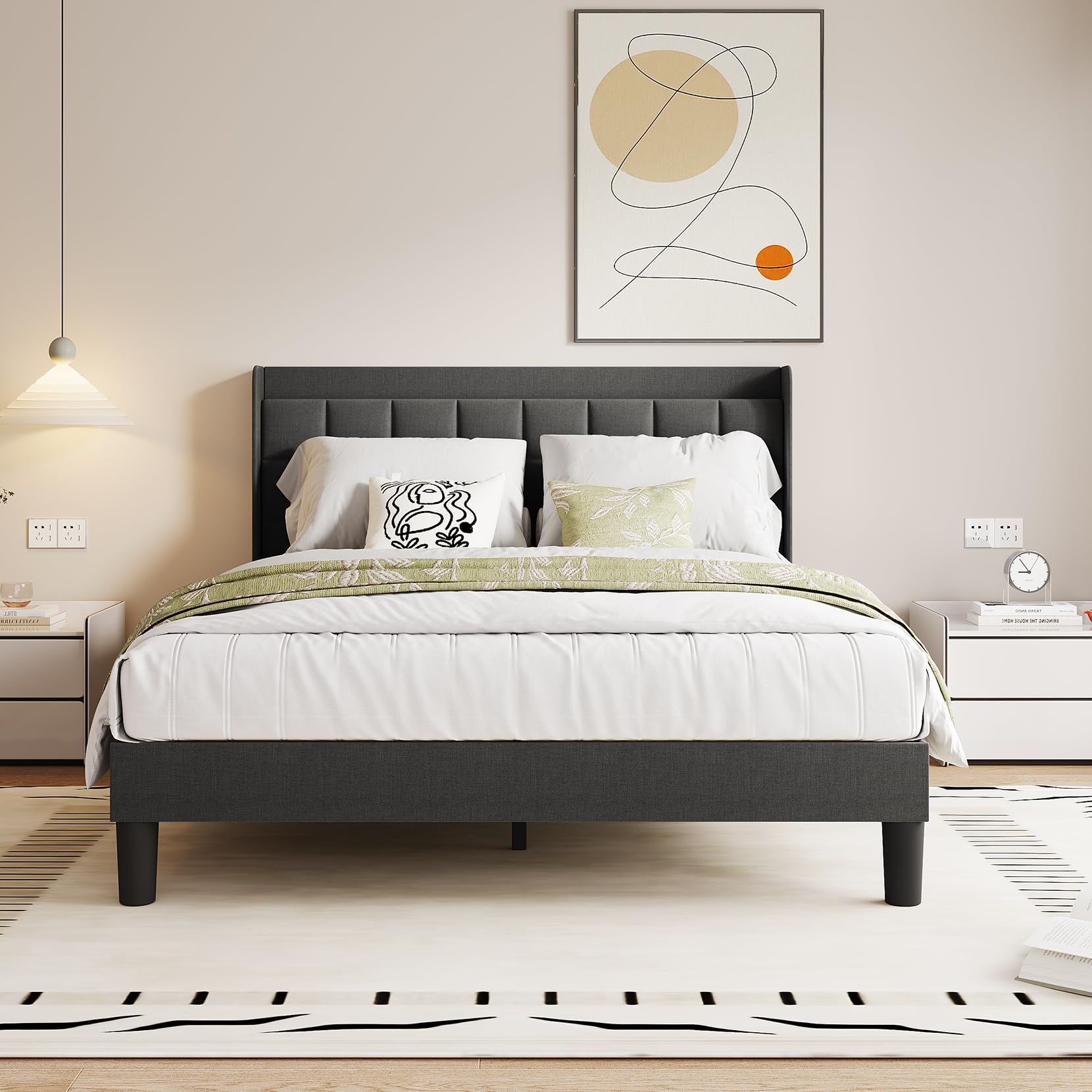 TOTEBOX King Bed Frame with Charging Station and Adjustable Linen Headboard, 16cm Under Bed Stoarge, 12PCS Wood Slats for Bedroom, No Box Spring Needed Dark grey, 150 x 200