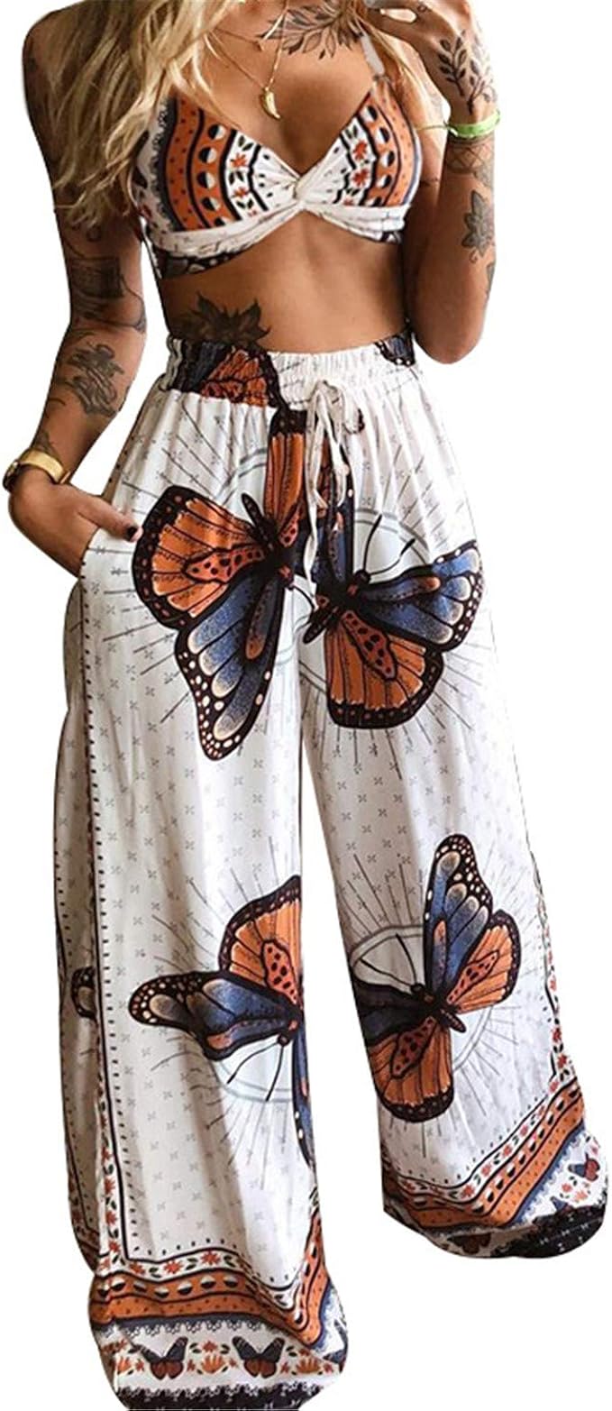 Completo Boho Donna Estivo 2 Pezzi Canotta Crop Top Senza Maniche +  Pantaloni Lunghi Larghi con Stampa di Farfalle Tuta Casual per Yoga  Spiaggia : Amazon.it: Abbigliamento