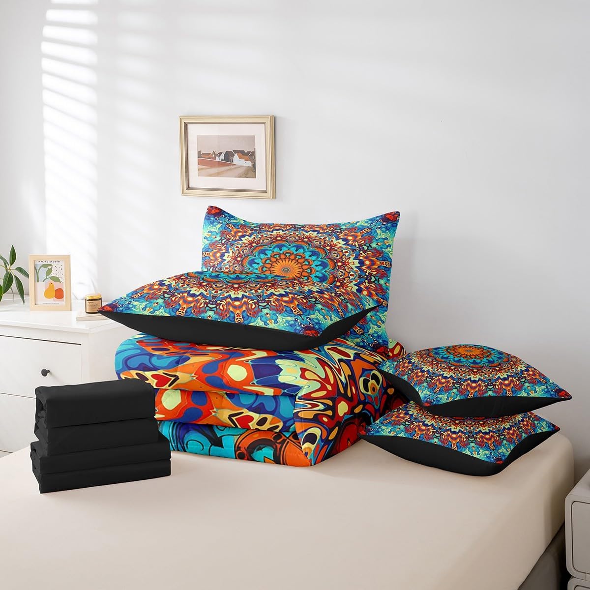 Boho Mandala Queen Size Comforter Set Art Deco Vintage Bedding Comforter Sets, Retro Bohemian Bed in a Bag 7pcs Paisley Bedding Set, Oriental Medallion Bed Set Colorful Aesthetic Bedroom Decor