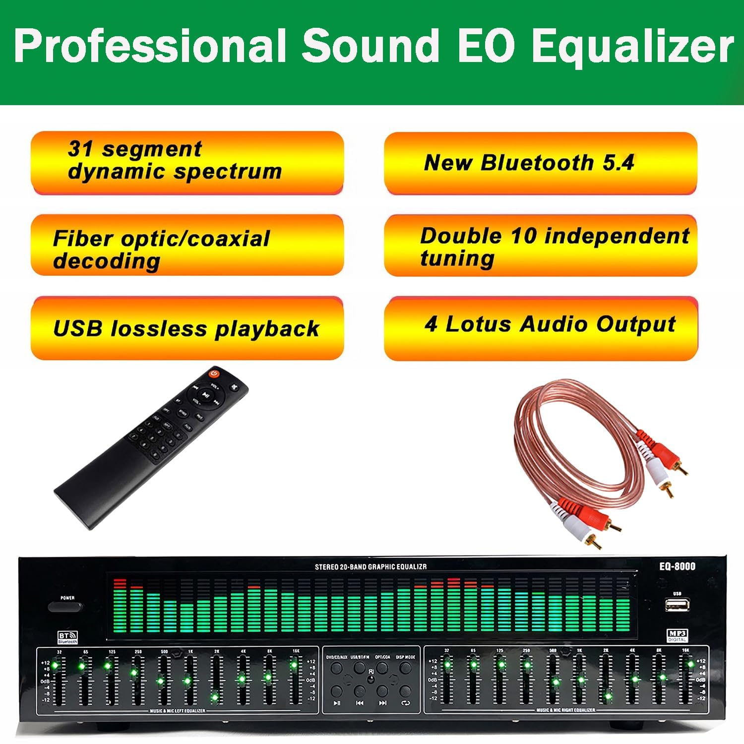 Equalizzatore Digitale EQ a 31 Bande, EQ Grafico Stereo Audio Digitale, con riduzione del Rumore, 12 Motivi ritmici, per Auto, Festa, Camera da Letto, casa