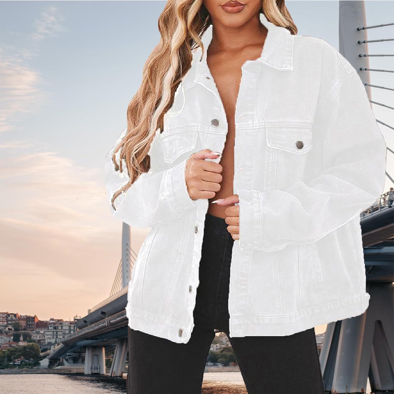 DvaeMalligo Women's Oversized Denim Jacket Casual Long Sleeve Button Down Distressed Trucker Jean Jackets with Pockets - Image 4