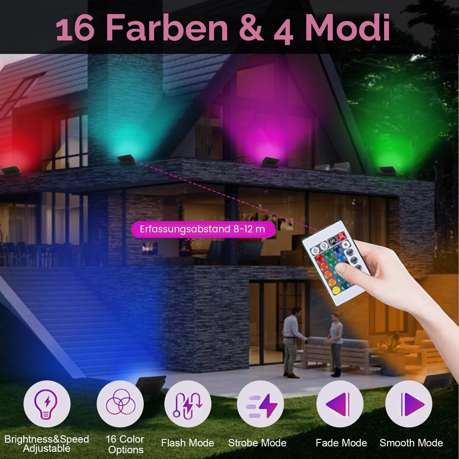 RGB LED Strahler 100W Fluter Außen Mit Fernbedienung, 5pcs Flutlichtstrahler 16 Farben 4 Modi Farbwechsel Flutlicht LED Innen,IP66 Wasserdicht Außenstrahler Scheinwerfer Stimmungslichter