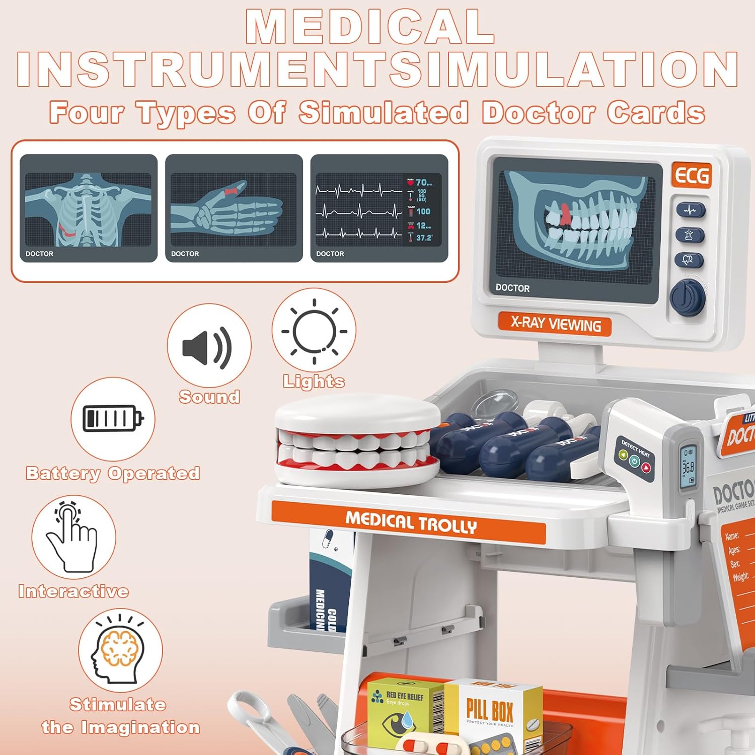 RedCrab Doctor Kit for Kids,32PCS Kids Doctors Play Set with Medical Cart,Stethoscope, Thermometer and Syringe,Dentist Doctor Role Play Toy Gift for Girls Boys 3,4,5,6,7,8+