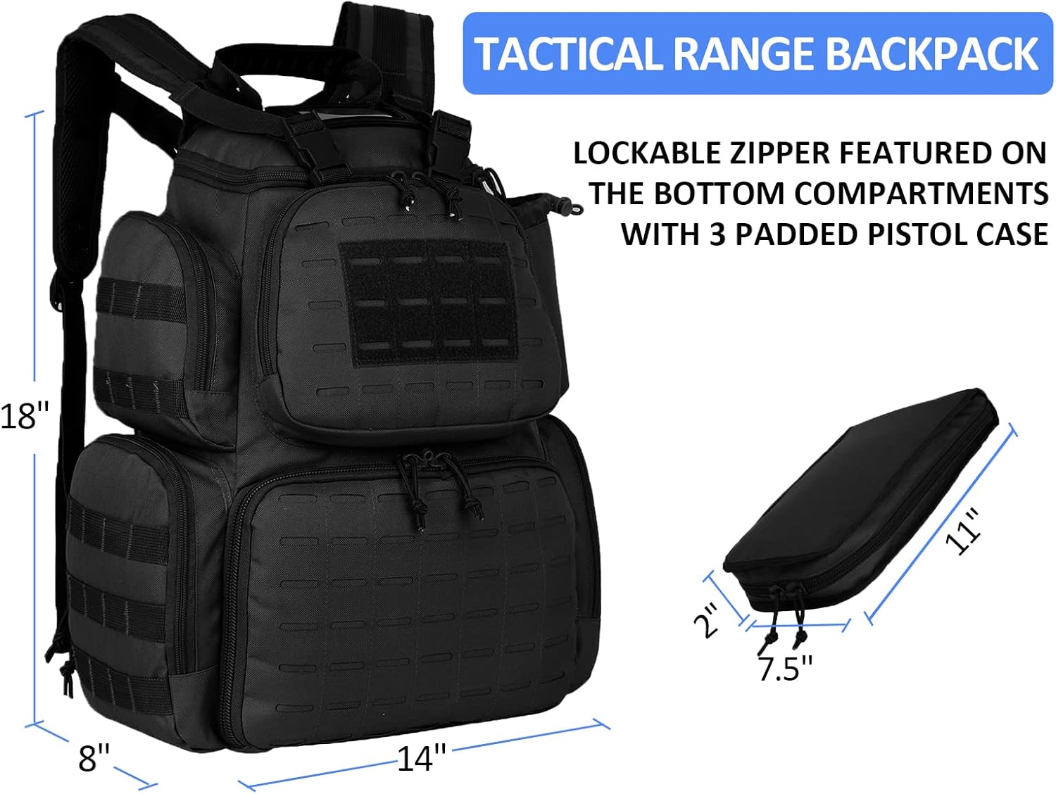 AUMTISC Pistol Gun Range Backpack for Handguns and Ammo, Tactical Shooting Range Bag with 3 Pistol Case, Black/Khaki