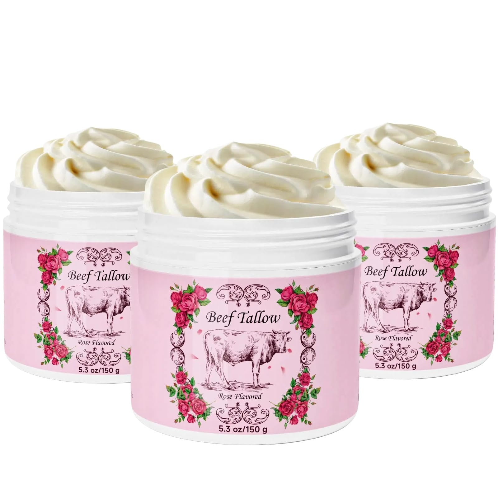 Outccogo Whipped Beef Tallow for Skin, Beef Tallow for Face, Rose Face Moisturizer, 5.3 OZ Extra Size Rose Scent Whipped Natural Tallow Blam Grass Fed Tallow Cream Moisturizer Body Lotion,3 Pack