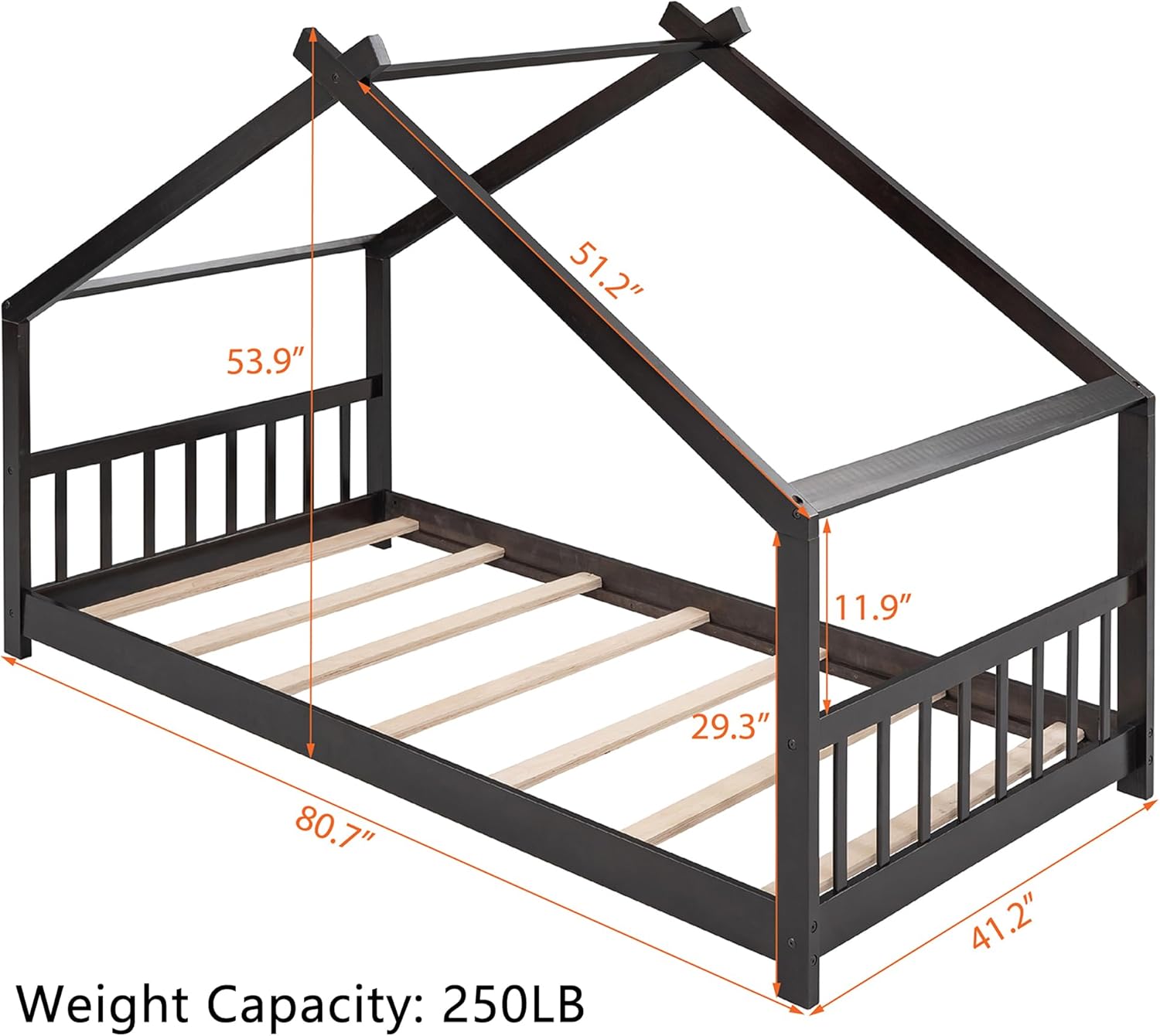 Bellemave Montessori Floor Bed Frame Twin Size, Twin Floor Bed Frame with Headboard, Footboard and Slats, Wood Montessori Bed Frame/Montessori House Bed for Kids, Girls, Boys(Espresso)