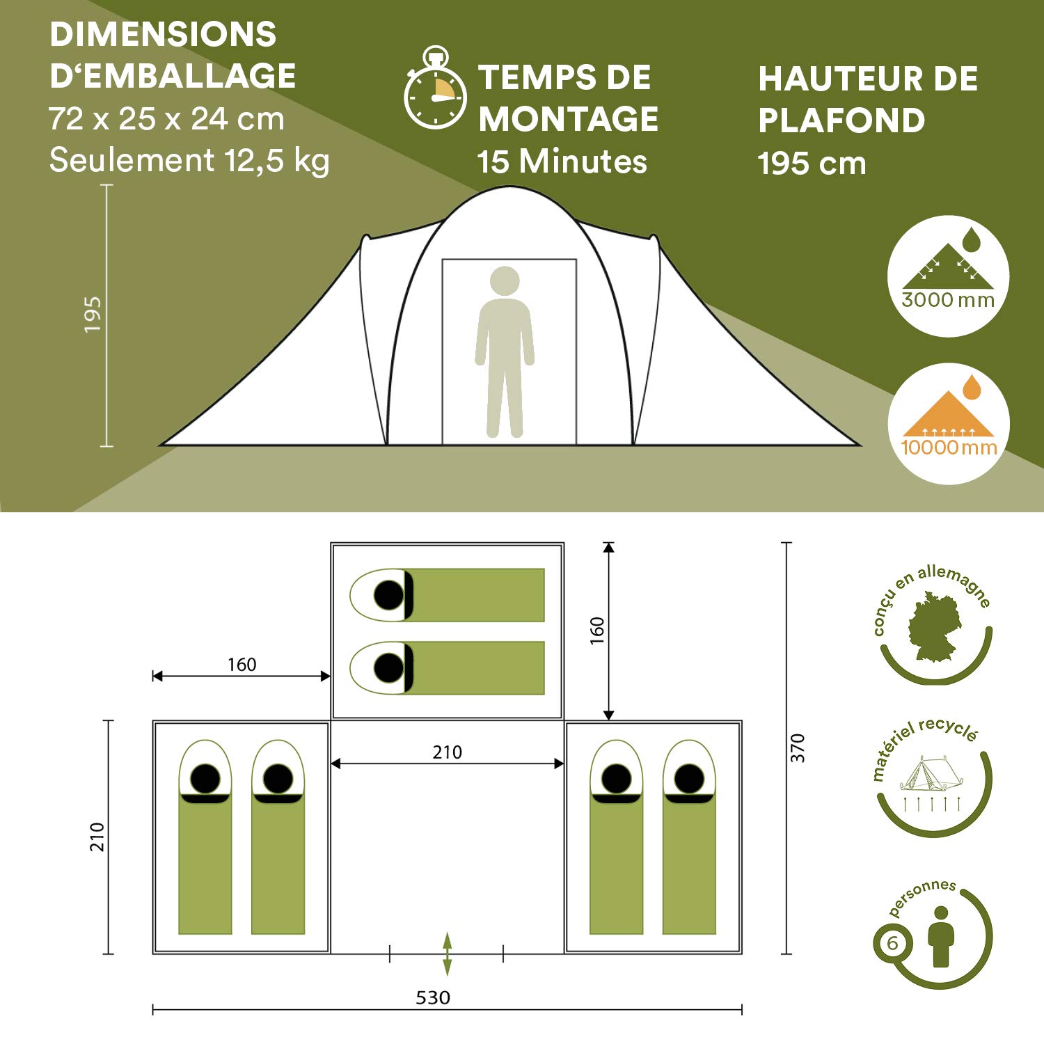 Skandika Tente dôme Daytona 6 Personnes | Tente familiale avec 3 cabines de Couchage, Colonne d'eau 3000 mm, Hauteur 195 cm, moustiquaires, Store banne | Tente de Camping pour Famille, Amis