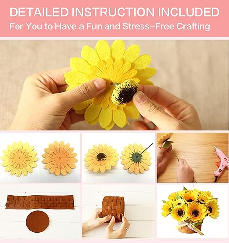 Miniatura 5 de BAZIMA Kit de manualidades de flores de fieltro, kit de bonsái de fieltro de girasol, 12 girasoles de fieltro, regalos florales, kit de manualidades
