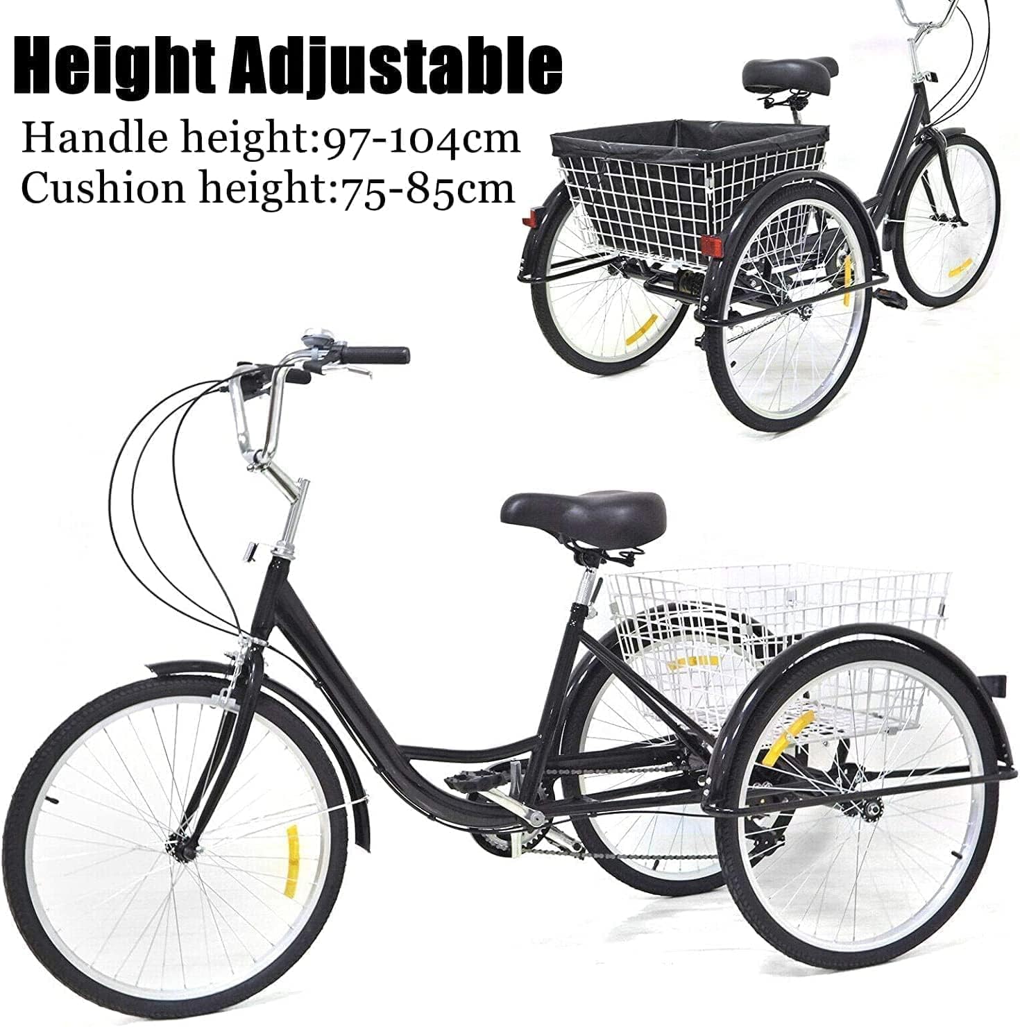 24" Dreiräder Erwachsene mit Korb - 8 Gang Dreirad für Erwachsene 110KG Last Höhenverstellbar 3 Räder Fahrrad Cityräder Cruise Einkaufsrad für 155-185cm Senioren Frauen Ältere(Schwarz)
